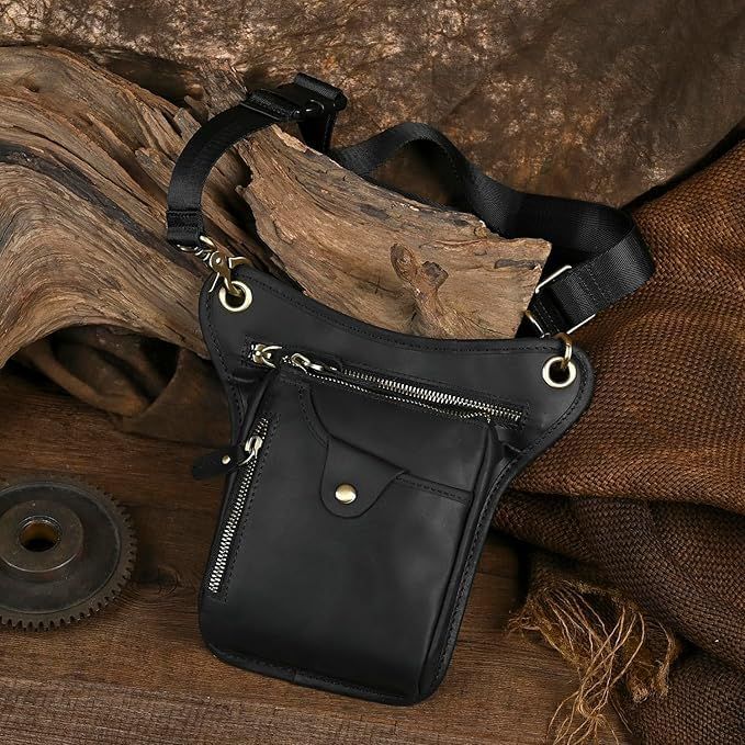 Black men's Genuine Leather Outdoor Sporting Hiking Waist Hip Pack Messenger Shoulder Drop Leg Thigh Bag Pouches - Image 4