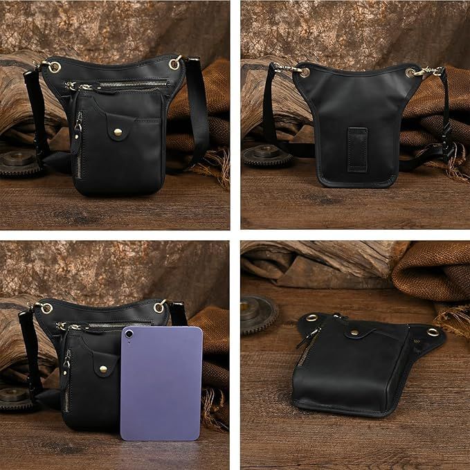 Black men's Genuine Leather Outdoor Sporting Hiking Waist Hip Pack Messenger Shoulder Drop Leg Thigh Bag Pouches - Image 5