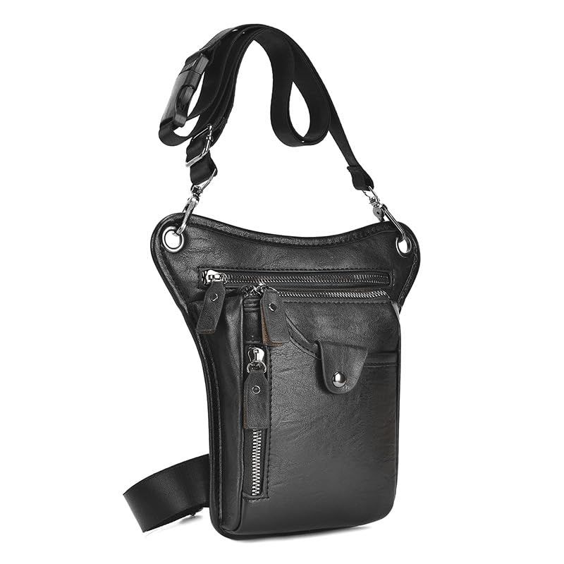 Black men's Genuine Leather Outdoor Sporting Hiking Waist Hip Pack Messenger Shoulder Drop Leg Thigh Bag Pouches - Image 7