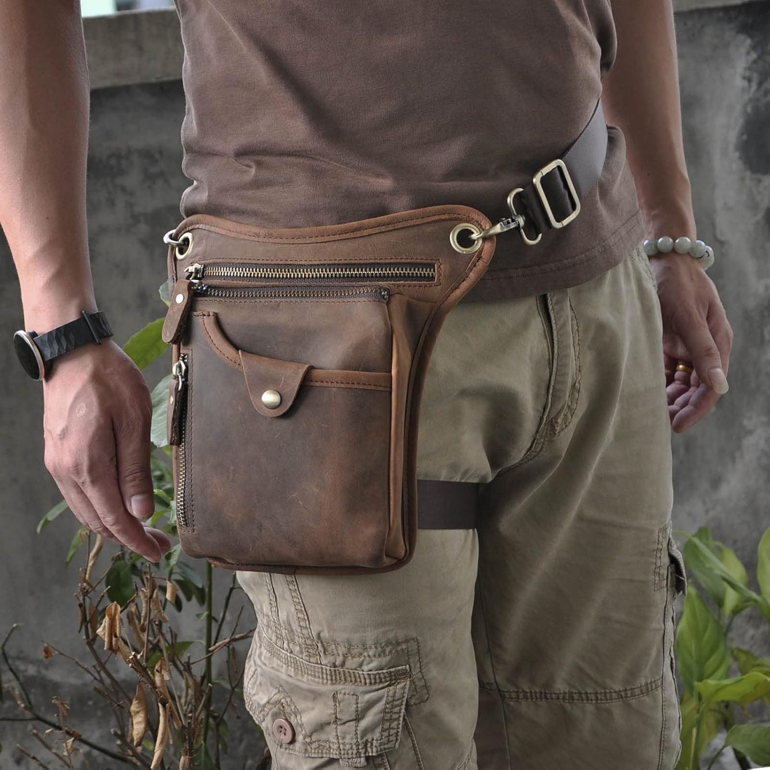 Brown men's Genuine Leather Outdoor Sporting Hiking Waist Hip Pack Messenger Shoulder Drop Leg Thigh Bag Pouches - Image 2