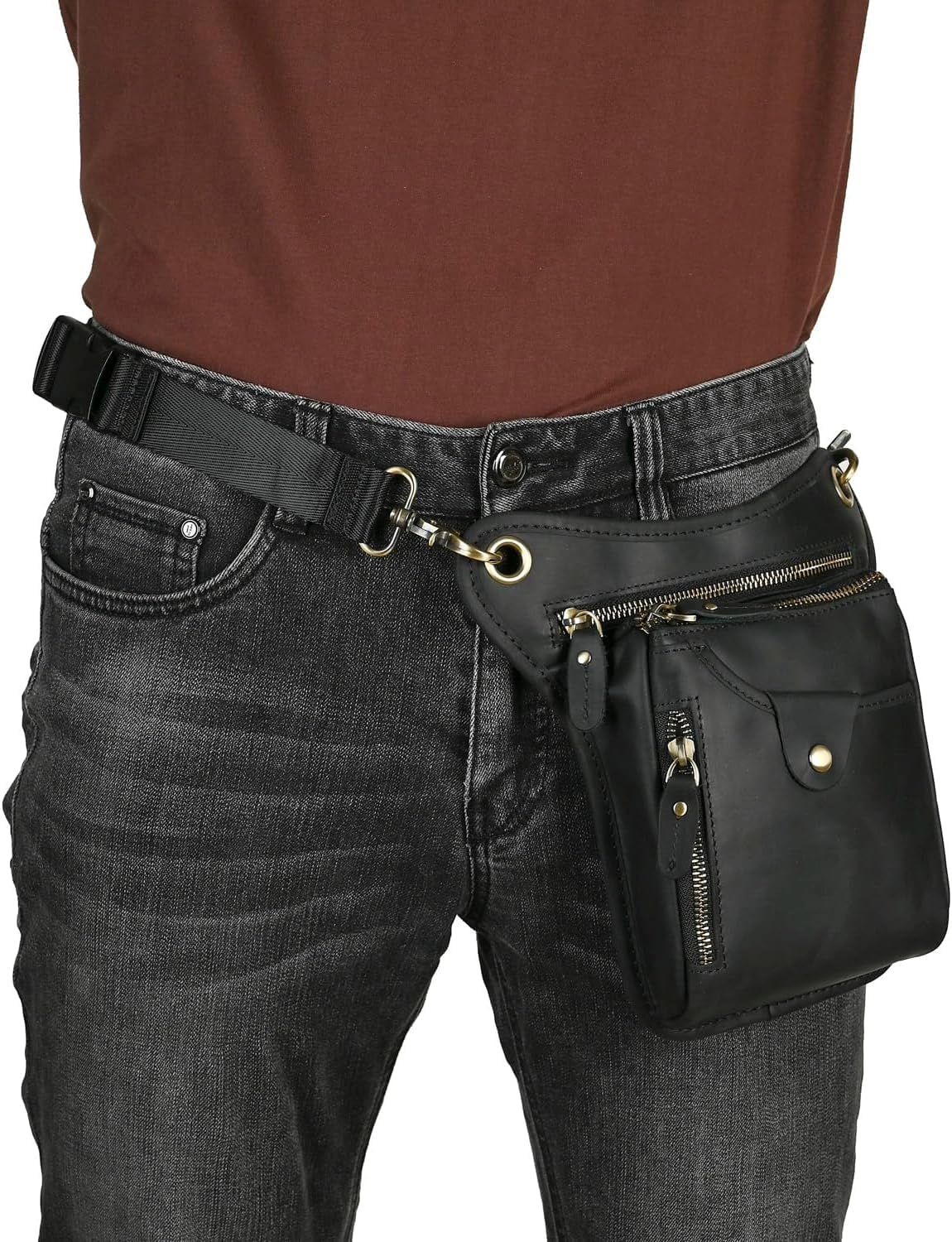 Brown men's Genuine Leather Outdoor Sporting Hiking Waist Hip Pack Messenger Shoulder Drop Leg Thigh Bag Pouches - Image 3
