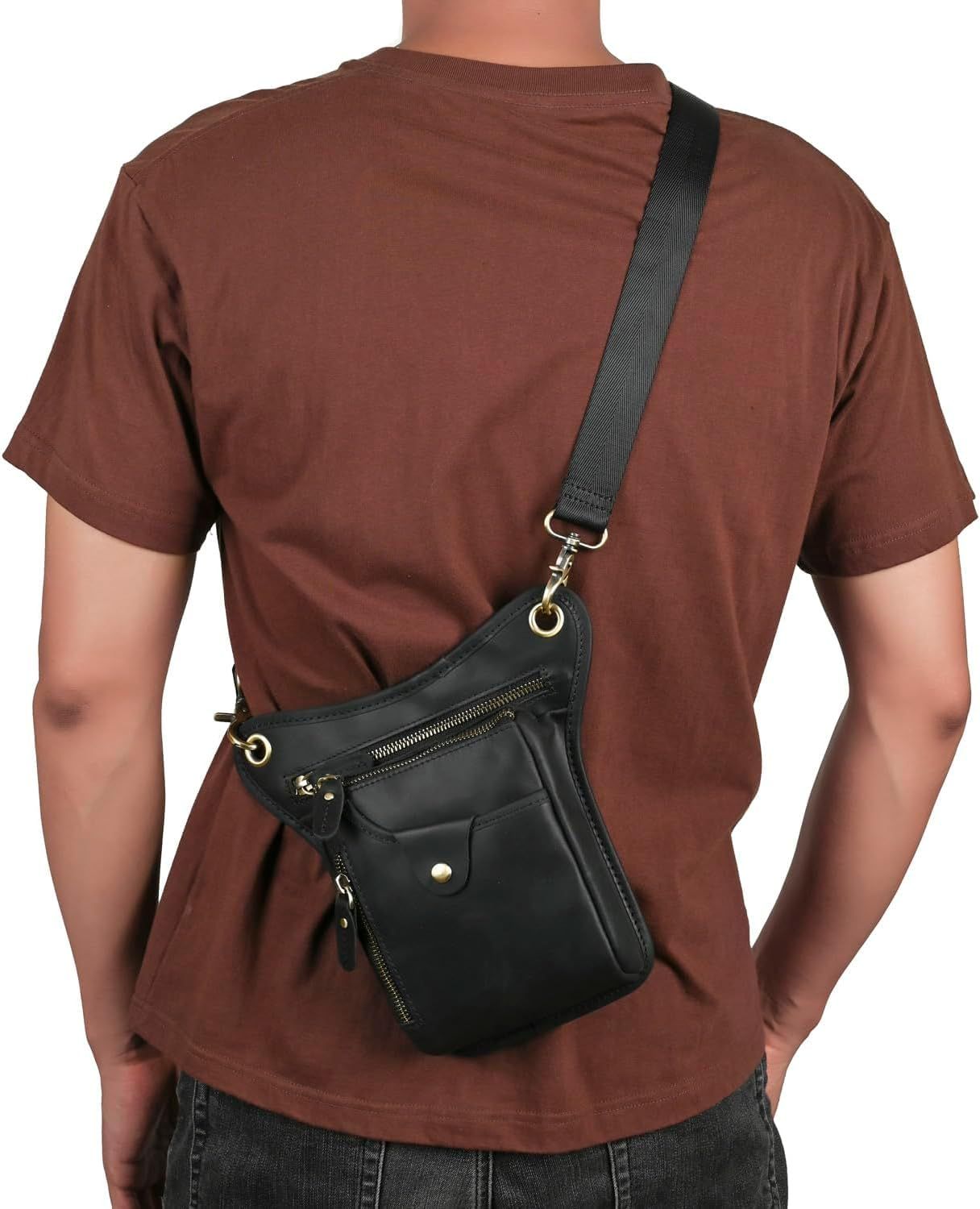 Brown men's Genuine Leather Outdoor Sporting Hiking Waist Hip Pack Messenger Shoulder Drop Leg Thigh Bag Pouches - Image 4