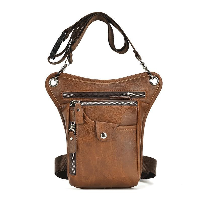 Light brown men's Genuine Leather Outdoor Sporting Hiking Waist Hip Pack Messenger Shoulder Drop Leg Thigh Bag Pouches - Image 1