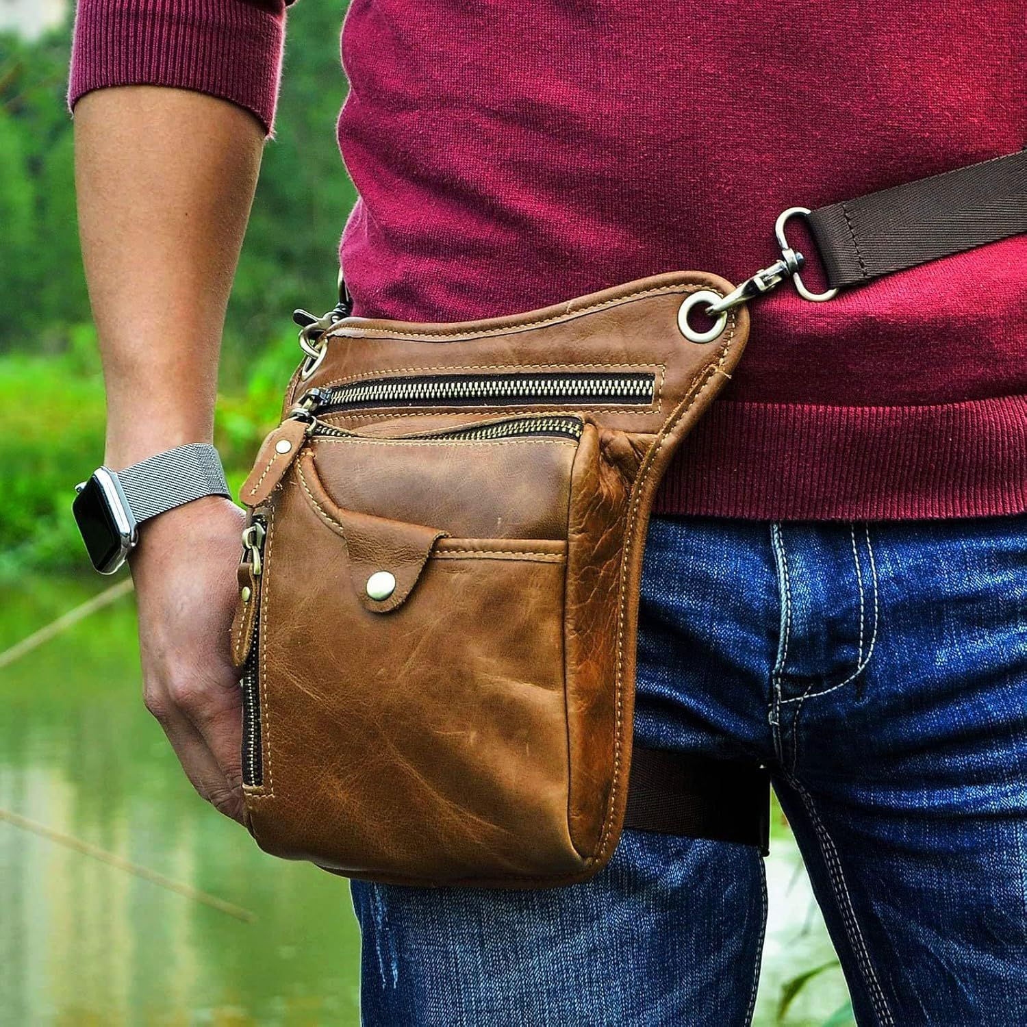Light brown men's Genuine Leather Outdoor Sporting Hiking Waist Hip Pack Messenger Shoulder Drop Leg Thigh Bag Pouches - Image 2