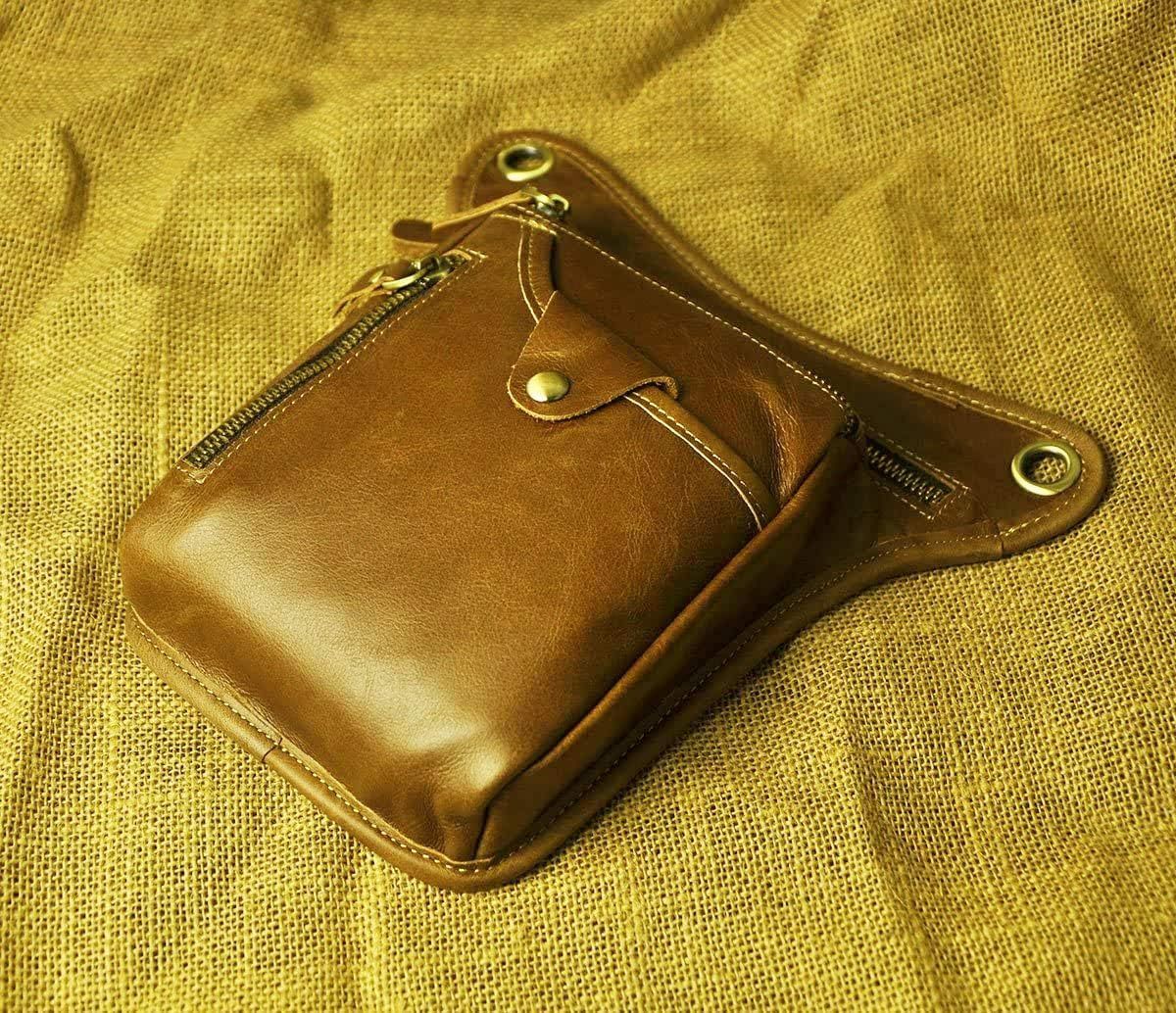 Light brown men's Genuine Leather Outdoor Sporting Hiking Waist Hip Pack Messenger Shoulder Drop Leg Thigh Bag Pouches - Image 3