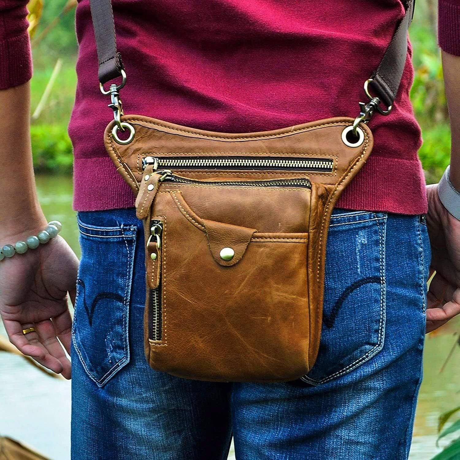 Light brown men's Genuine Leather Outdoor Sporting Hiking Waist Hip Pack Messenger Shoulder Drop Leg Thigh Bag Pouches - Image 4