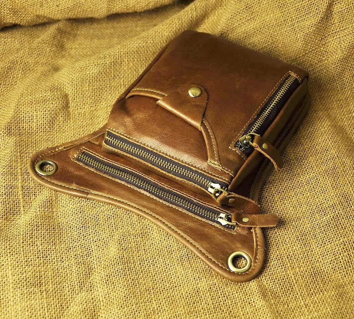 Light brown men's Genuine Leather Outdoor Sporting Hiking Waist Hip Pack Messenger Shoulder Drop Leg Thigh Bag Pouches - Image 5
