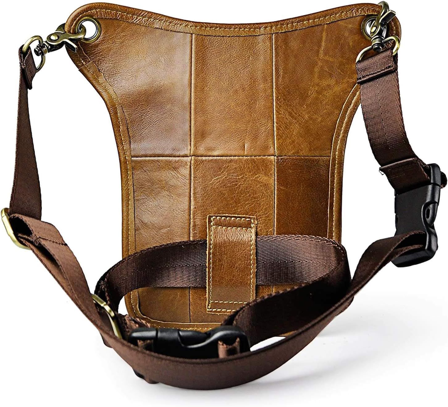 Light brown men's Genuine Leather Outdoor Sporting Hiking Waist Hip Pack Messenger Shoulder Drop Leg Thigh Bag Pouches - Image 6
