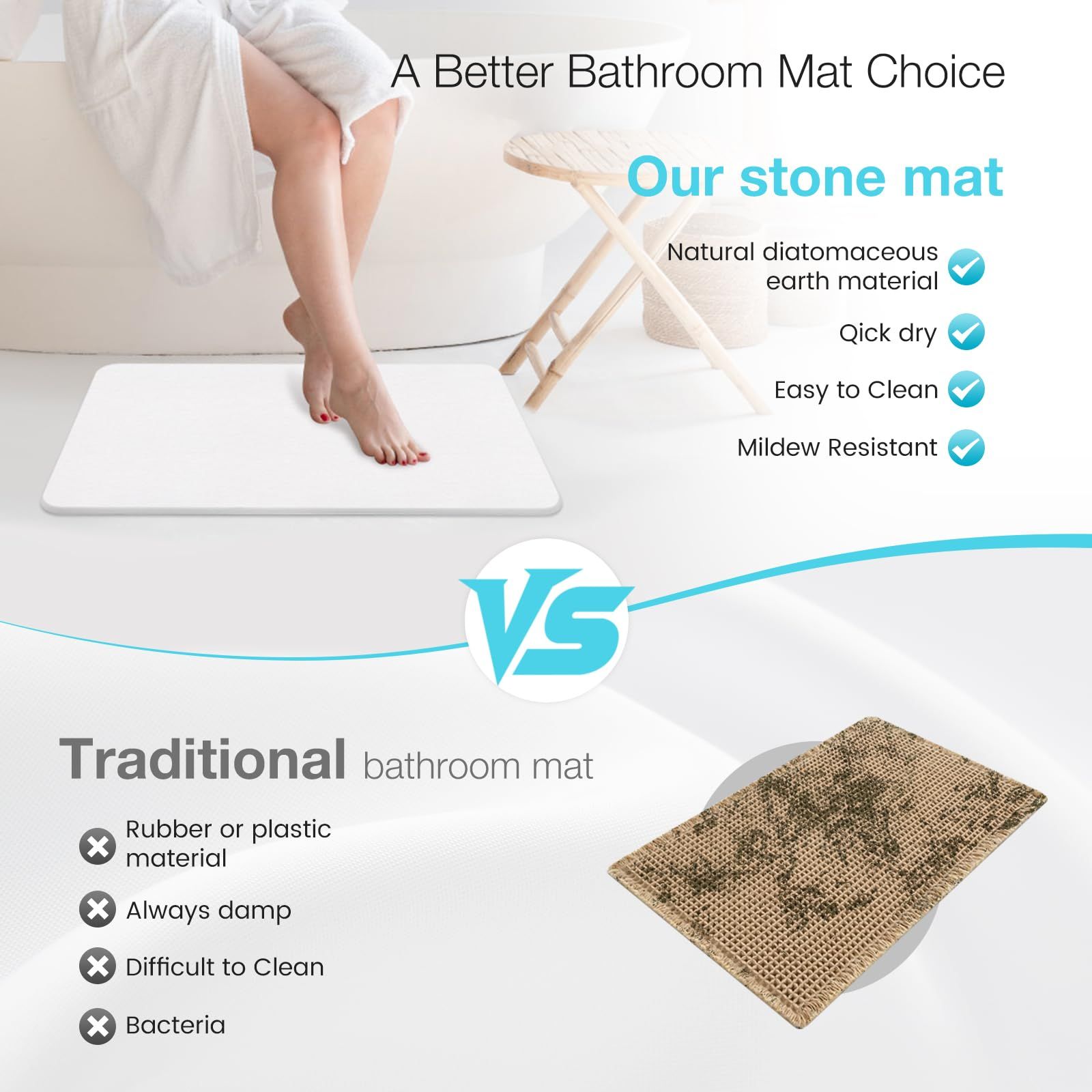 High-quality white pure cotton bathroom mat, ultra-soft, absorbent, quick-drying bathroom rug, non-slip, washable bathroom mat(60cm*40cm) - Image 4