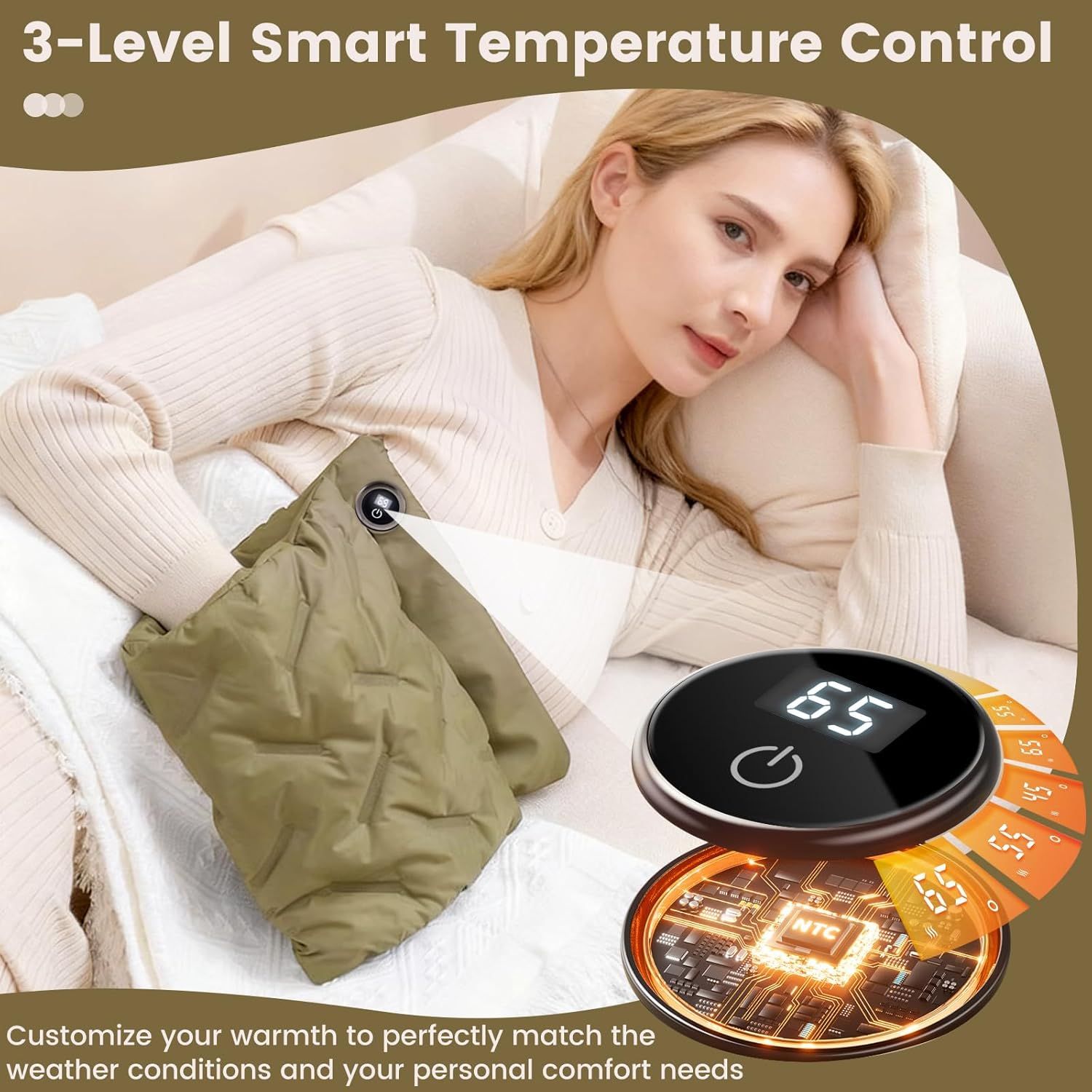 Rechargeable Hand Warmer Muff, USB Electric Heating Pad with Digital Display Temperature Control, 3 Heat Levels Portable Far Infrared Heated Cushion for Outdoor Winter Use Men Women(orange) - Image 3