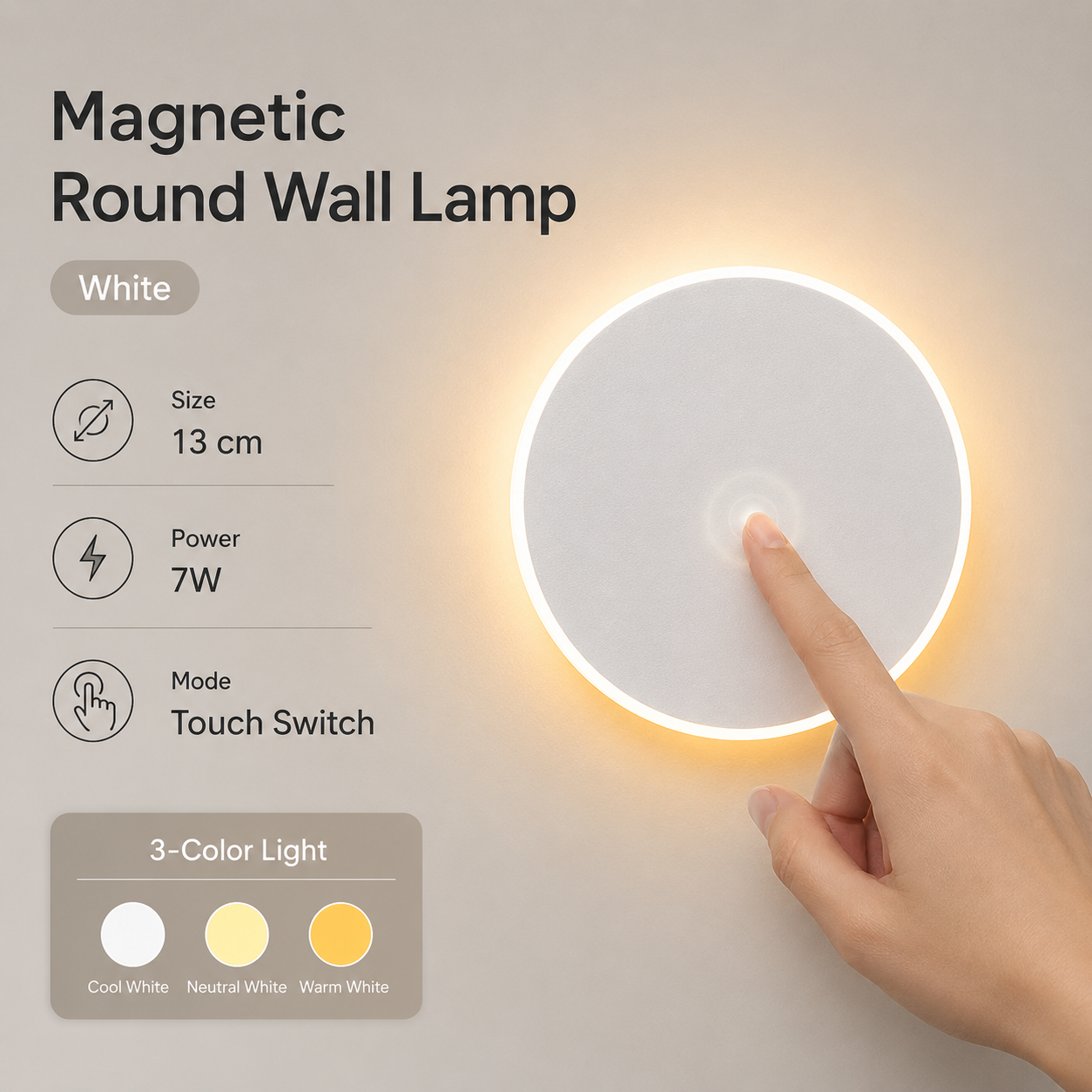 Magnetic Round Wall Lamp 13cm White, 7W Rechargeable LED Wall Sconce with Touch Control, 3-Color Light, Battery Powered Modern Disc Wall Light for Bedroom Hallway Living Room - Image 1
