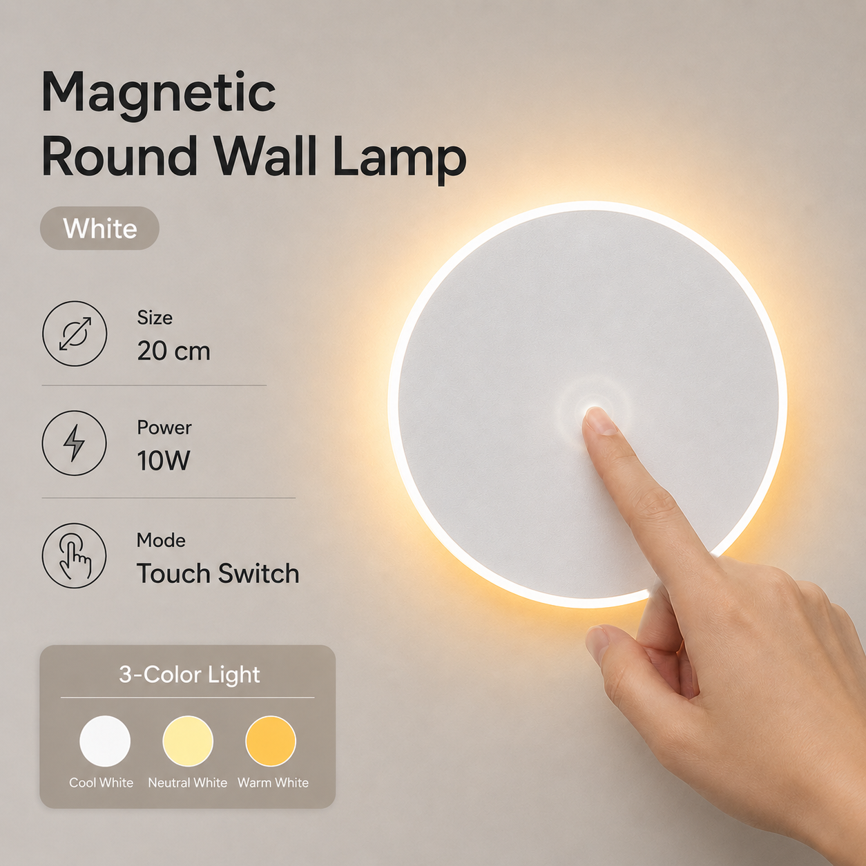 Magnetic Round Wall Lamp 20cm White, 10W Rechargeable LED Wall Sconce with Touch Control, 3-Color Light, Battery Powered Modern Disc Wall Light for Bedroom Hallway Living Room - Image 1