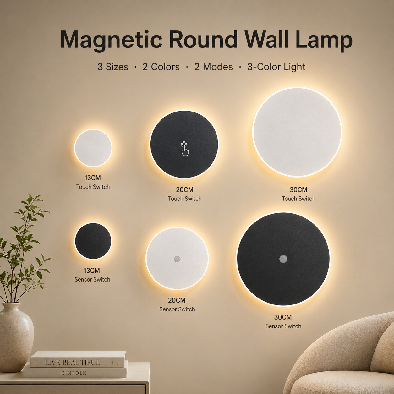Magnetic Round Wall Lamp 20cm White, 10W Rechargeable LED Wall Sconce with Touch Control, 3-Color Light, Battery Powered Modern Disc Wall Light for Bedroom Hallway Living Room - Image 2
