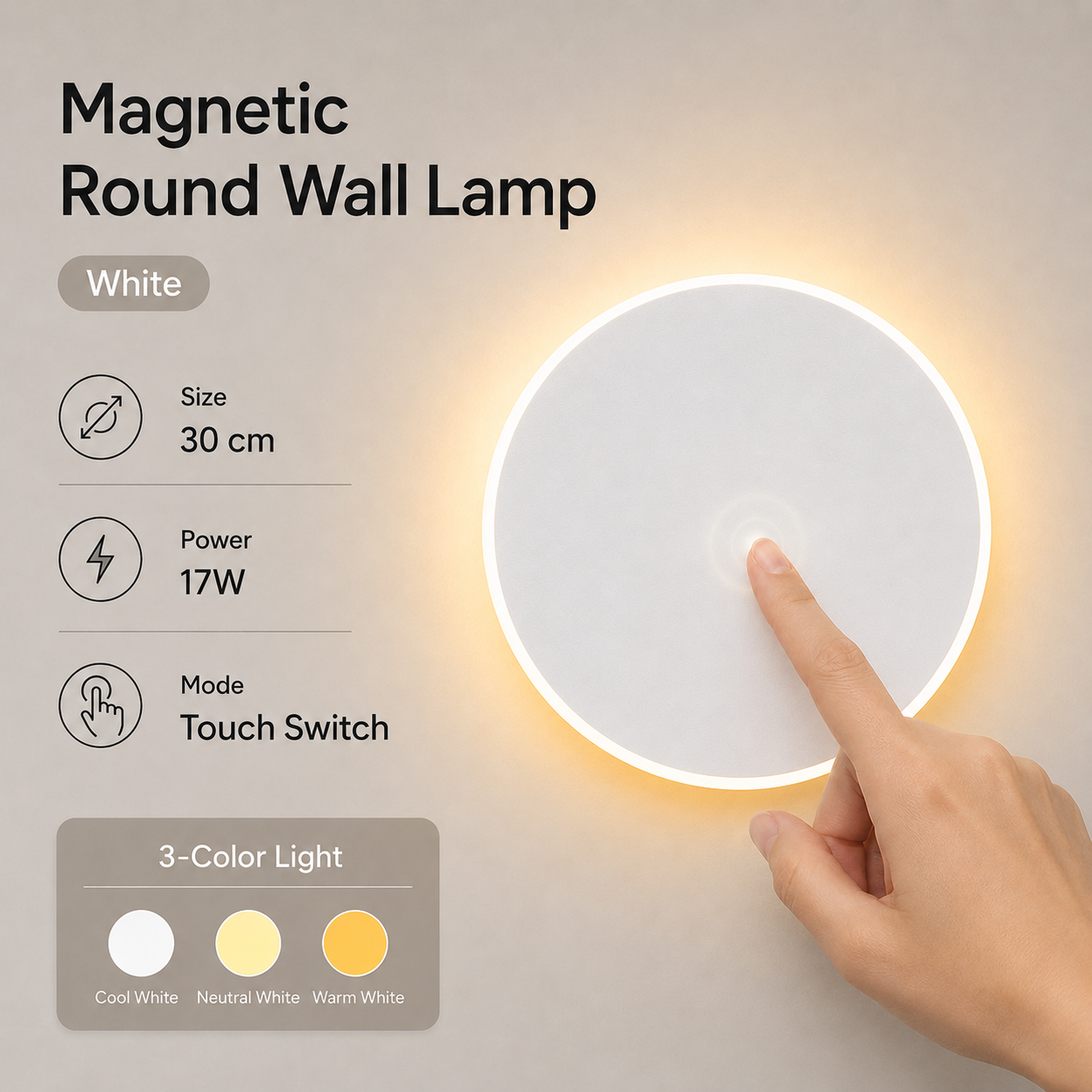 Magnetic Round Wall Lamp 30cm White, 17W Rechargeable LED Wall Sconce with Touch Control, 3-Color Light, Battery Powered Modern Disc Wall Light for Bedroom Hallway Living Room - Image 1
