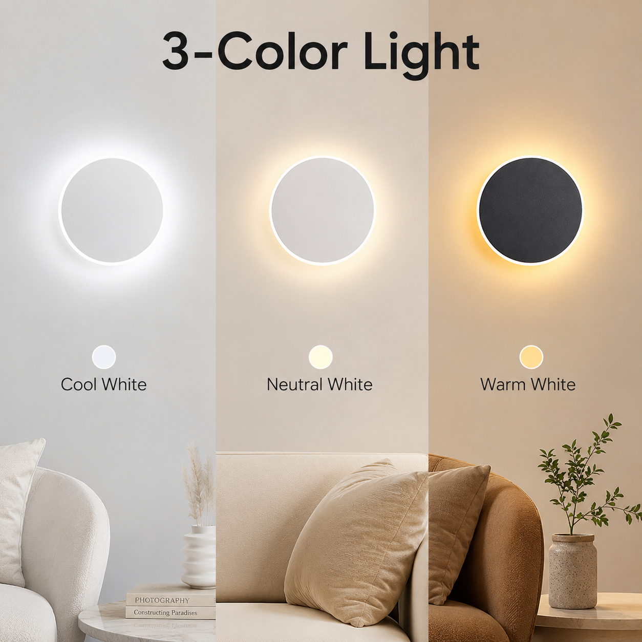 Magnetic Round Wall Lamp 30cm White, 17W Rechargeable LED Wall Sconce with Touch Control, 3-Color Light, Battery Powered Modern Disc Wall Light for Bedroom Hallway Living Room - Image 7