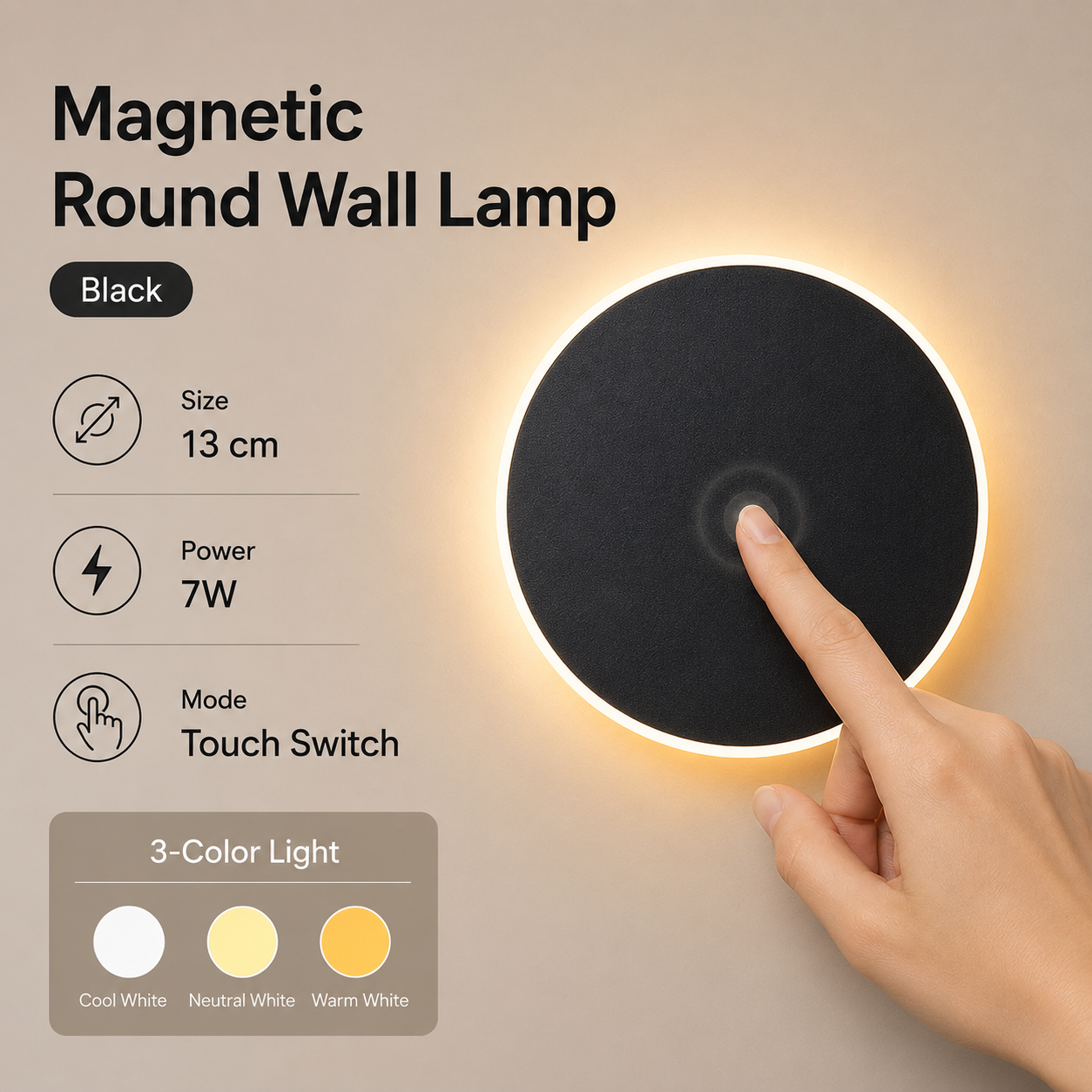 Magnetic Round Wall Lamp 13cm Black, 7W Rechargeable LED Wall Sconce with Touch Control, 3-Color Light, Battery Powered Modern Disc Wall Light for Bedroom Hallway Living Room - Image 1