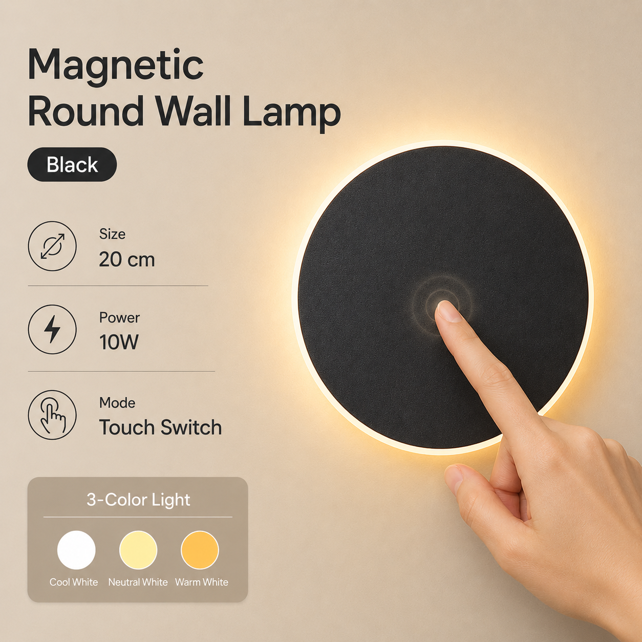 Magnetic Round Wall Lamp 20cm Black, 10W Rechargeable LED Wall Sconce with Touch Control, 3-Color Light, Battery Powered Modern Disc Wall Light for Bedroom Hallway Living Room - Image 1