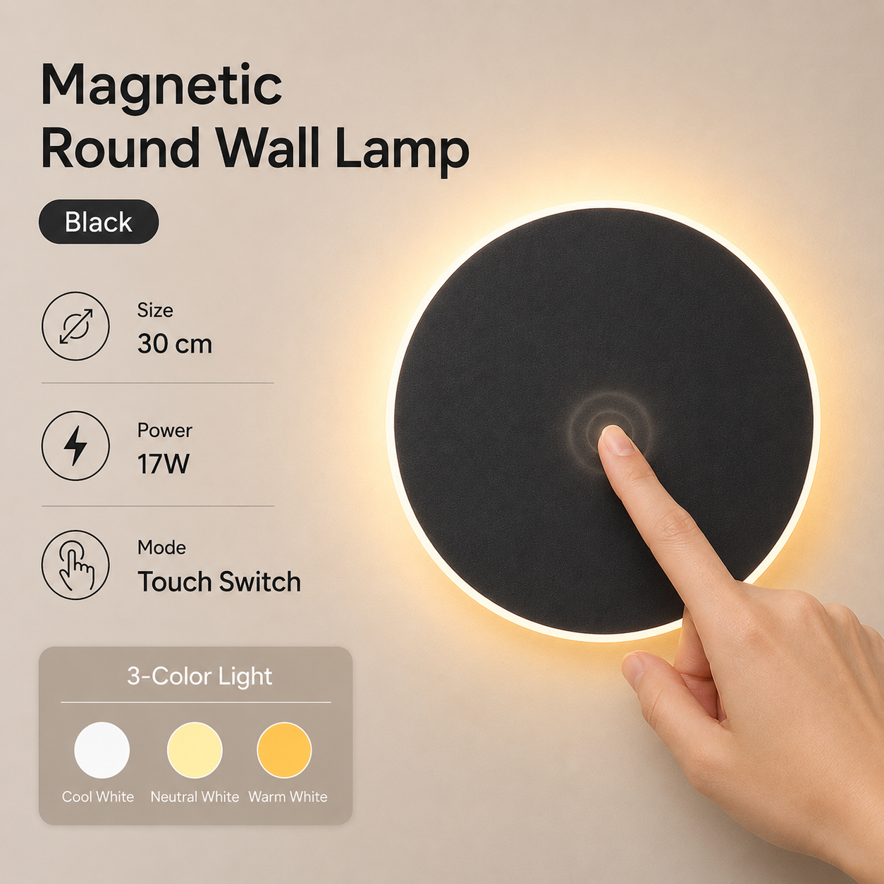 Magnetic Round Wall Lamp 30cm Black, 17W Rechargeable LED Wall Sconce with Touch Control, 3-Color Light, Battery Powered Modern Disc Wall Light for Bedroom Hallway Living Room - Image 1