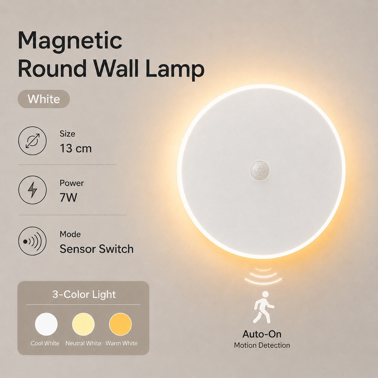 Magnetic Round Wall Lamp 13cm White, 7W Rechargeable LED Wall Sconce with Motion Sensor, 3-Color Light, Battery Powered Modern Disc Wall Light for Hallway Entryway Bedroom - Image 1