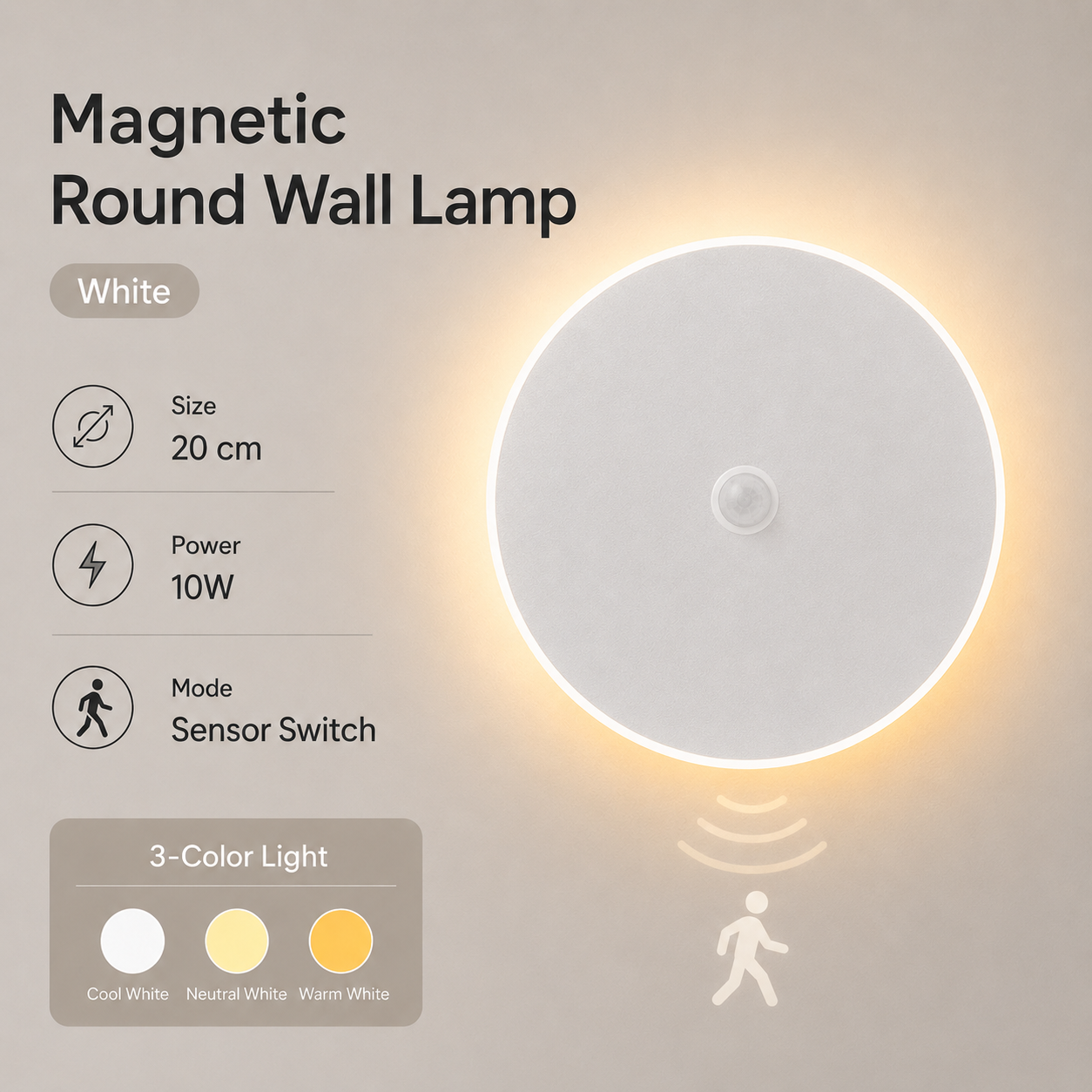Magnetic Round Wall Lamp 20cm White, 10W Rechargeable LED Wall Sconce with Motion Sensor, 3-Color Light, Battery Powered Modern Disc Wall Light for Hallway Entryway Bedroom - Image 1
