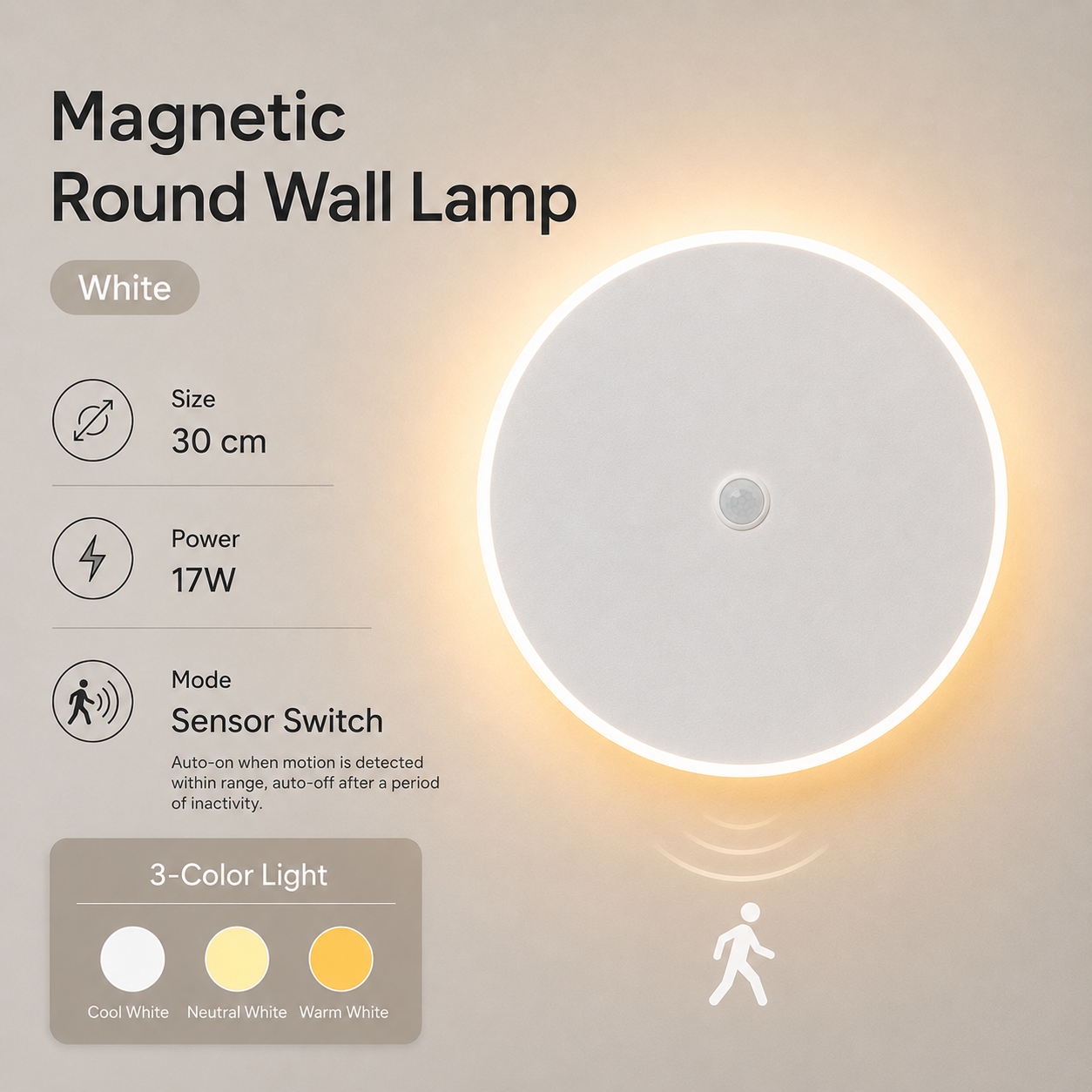 Magnetic Round Wall Lamp 30cm White, 17W Rechargeable LED Wall Sconce with Motion Sensor, 3-Color Light, Battery Powered Modern Disc Wall Light for Hallway Entryway Bedroom - Image 1