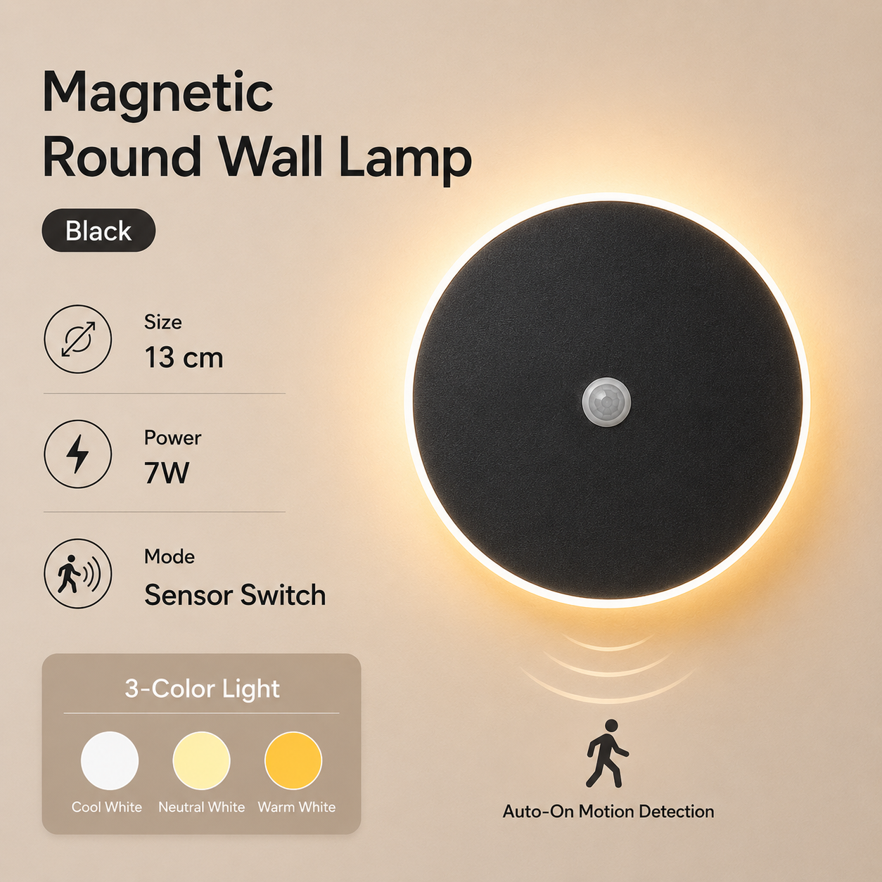 Magnetic Round Wall Lamp 13cm Black, 7W Rechargeable LED Wall Sconce with Motion Sensor, 3-Color Light, Battery Powered Modern Disc Wall Light for Hallway Entryway Bedroom - Image 1