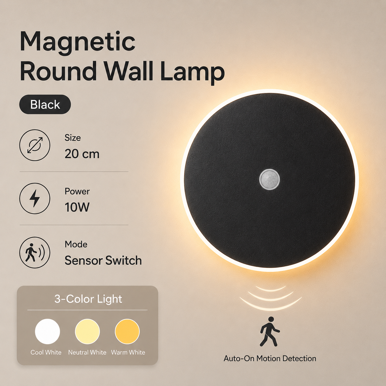 Magnetic Round Wall Lamp 20cm Black, 10W Rechargeable LED Wall Sconce with Motion Sensor, 3-Color Light, Battery Powered Modern Disc Wall Light for Hallway Entryway Bedroom - Image 1