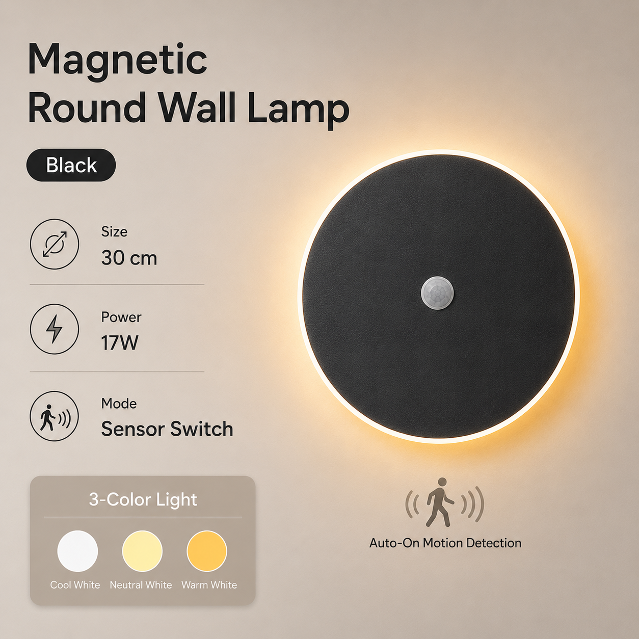 Magnetic Round Wall Lamp 30cm Black, 17W Rechargeable LED Wall Sconce with Motion Sensor, 3-Color Light, Battery Powered Modern Disc Wall Light for Hallway Entryway Bedroom - Image 1