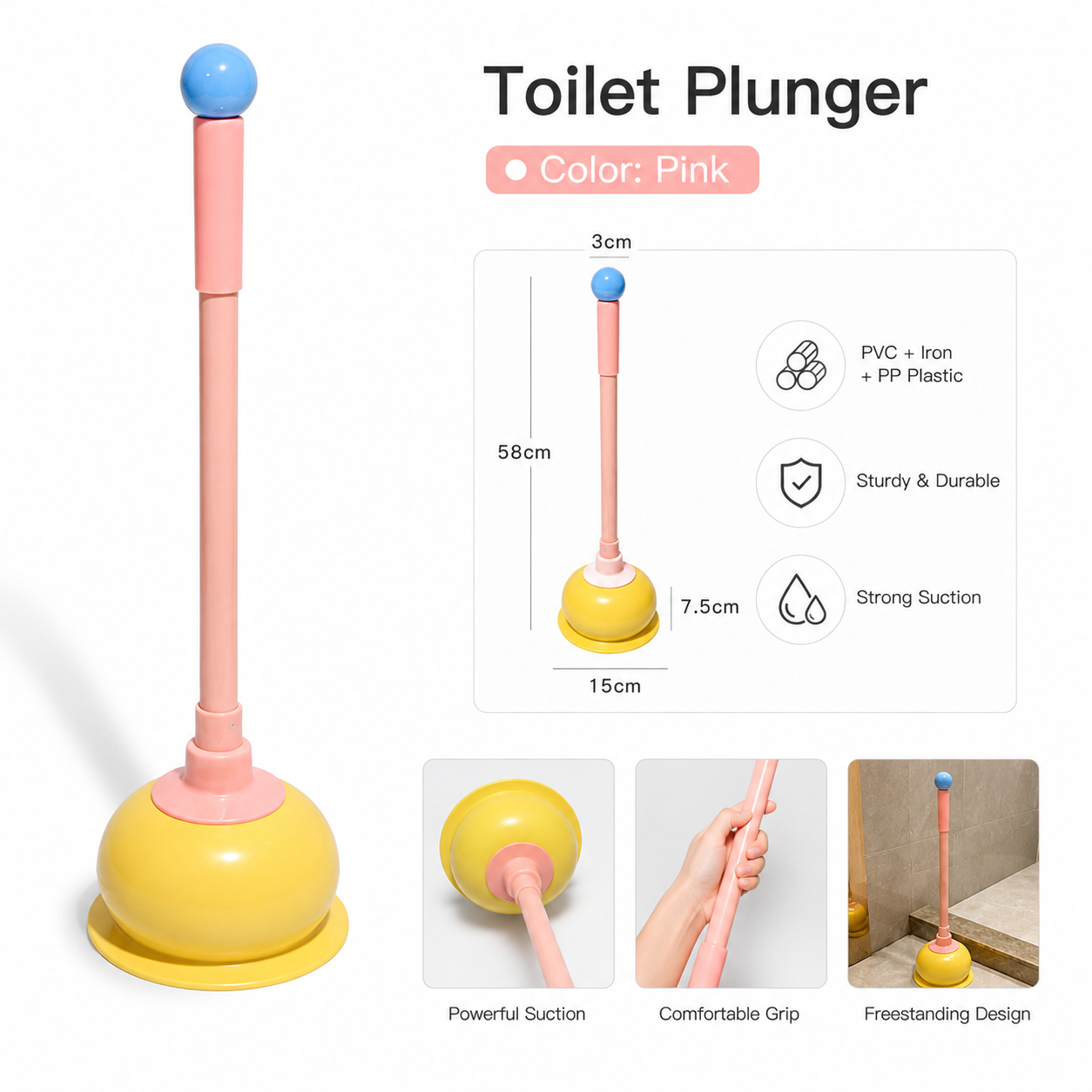 Toilet Plunger, Long Handle Bathroom Plunger with Strong Suction Cup, Non-Scratch Drain Plunger for Toilet, Kitchen Sink, Bathroom Drain, Bathtub and Shower, Cute Freestanding Clog Remover, Pink - Image 1