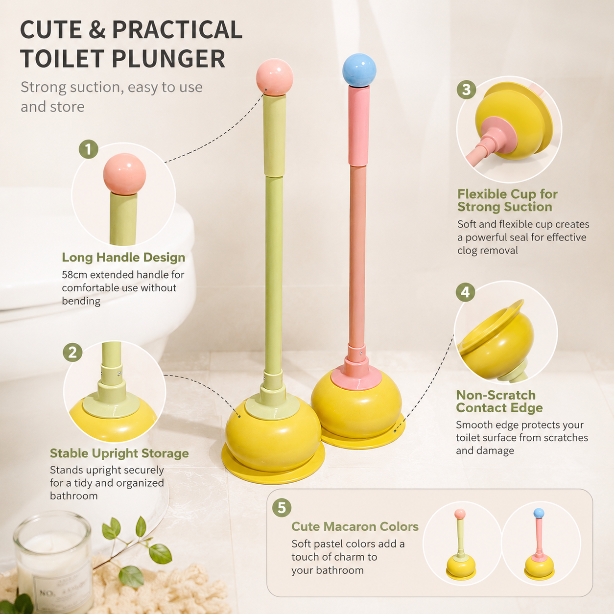 Toilet Plunger, Long Handle Bathroom Plunger with Strong Suction Cup, Non-Scratch Drain Plunger for Toilet, Kitchen Sink, Bathroom Drain, Bathtub and Shower, Cute Freestanding Clog Remover, Pink - Image 4