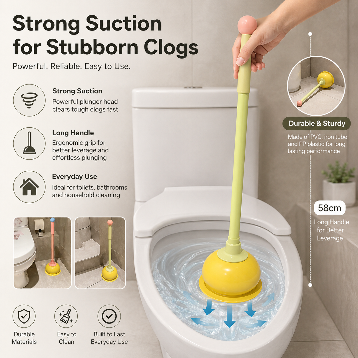 Toilet Plunger, Long Handle Bathroom Plunger with Strong Suction Cup, Non-Scratch Drain Plunger for Toilet, Kitchen Sink, Bathroom Drain, Bathtub and Shower, Cute Freestanding Clog Remover, Pink - Image 7