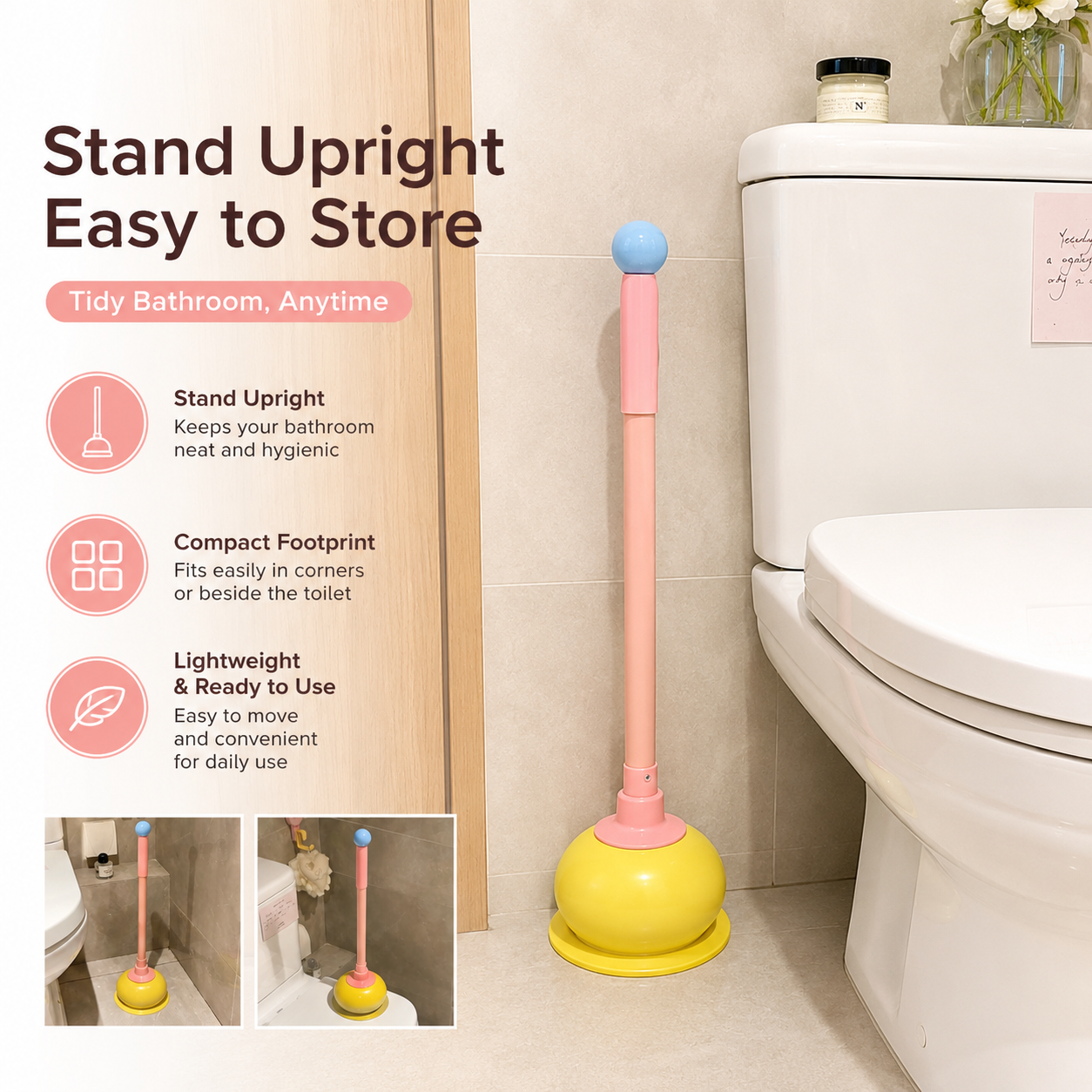 Toilet Plunger, Long Handle Bathroom Plunger with Strong Suction Cup, Non-Scratch Drain Plunger for Toilet, Kitchen Sink, Bathroom Drain, Bathtub and Shower, Cute Freestanding Clog Remover, Pink - Image 8