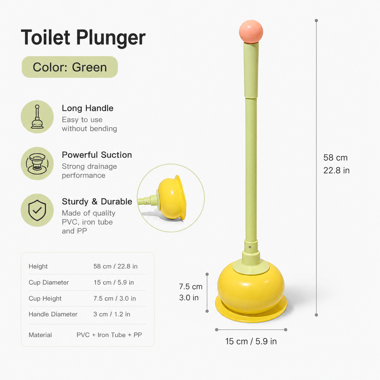 Toilet Plunger, Long Handle Bathroom Plunger with Strong Suction Cup, Non-Scratch Drain Plunger for Toilet, Kitchen Sink, Bathroom Drain, Bathtub and Shower, Cute Freestanding Clog Remover, Green - Image 1