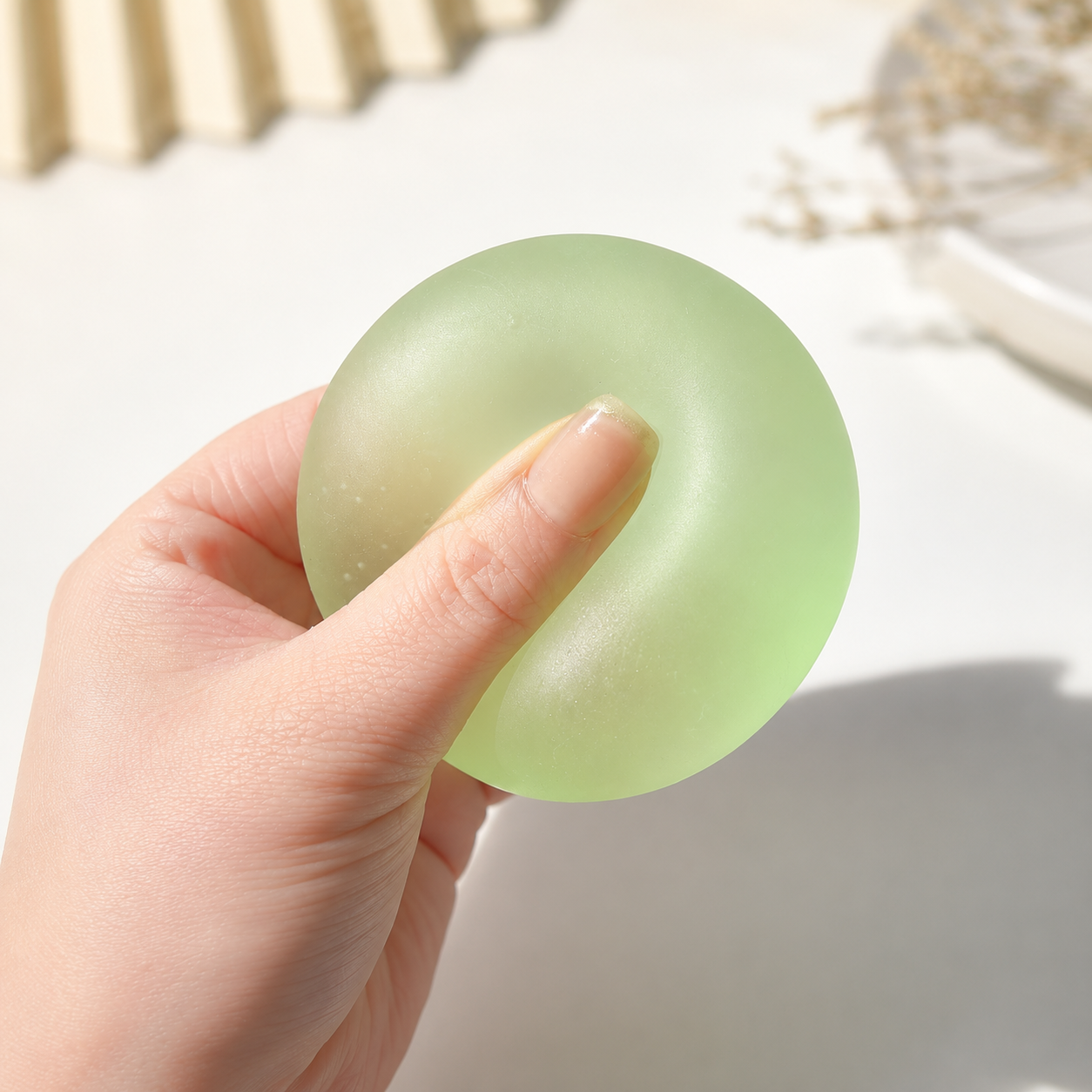Frosted Green Coconut Oil Stress Ball, Slow Rising Non-Sticky Squishy Squeeze Ball, Soft Sensory Fidget Toy for Stress Relief, Relaxation and Focus - Image 1
