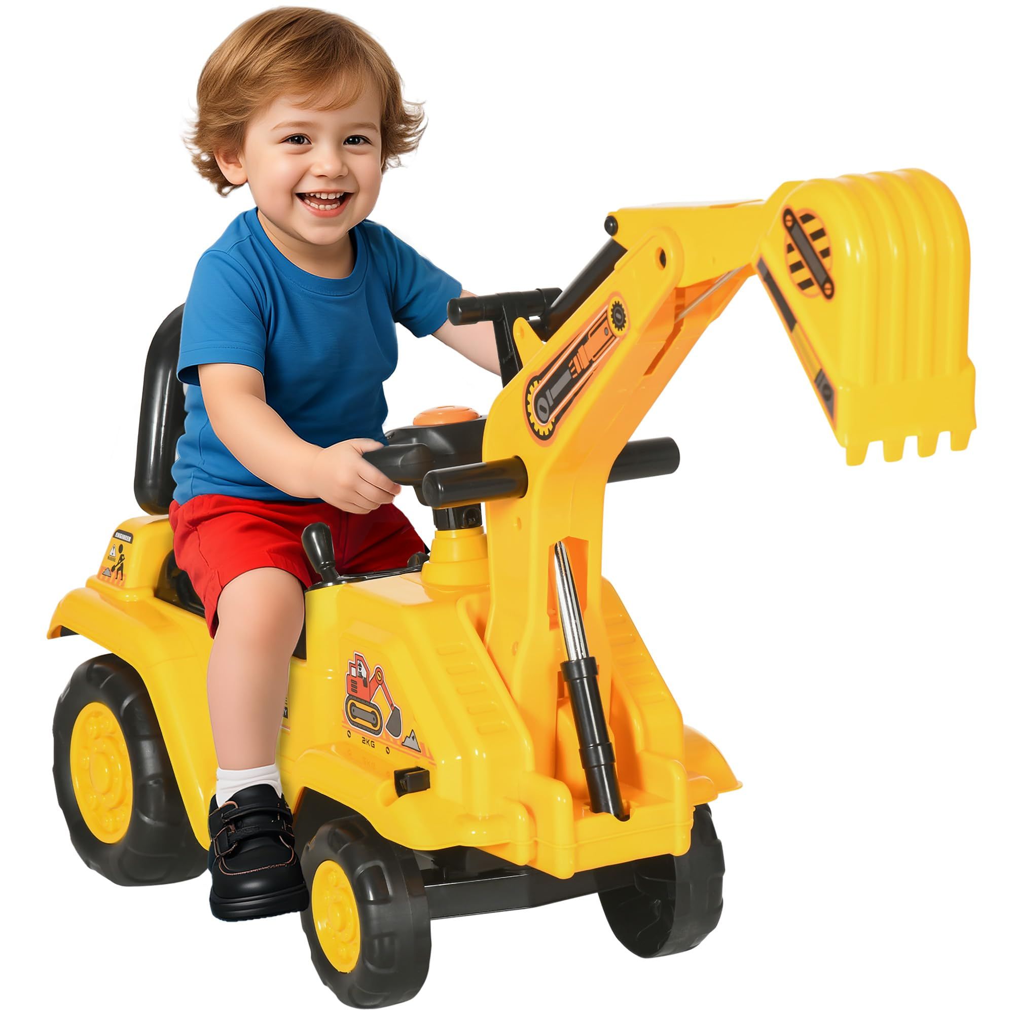Yellow children's ride-on excavator puller, with horn, under-seat storage space, sit-and-slide role-playing construction vehicle toy, suitable for children aged 18-48 months. - Image 1