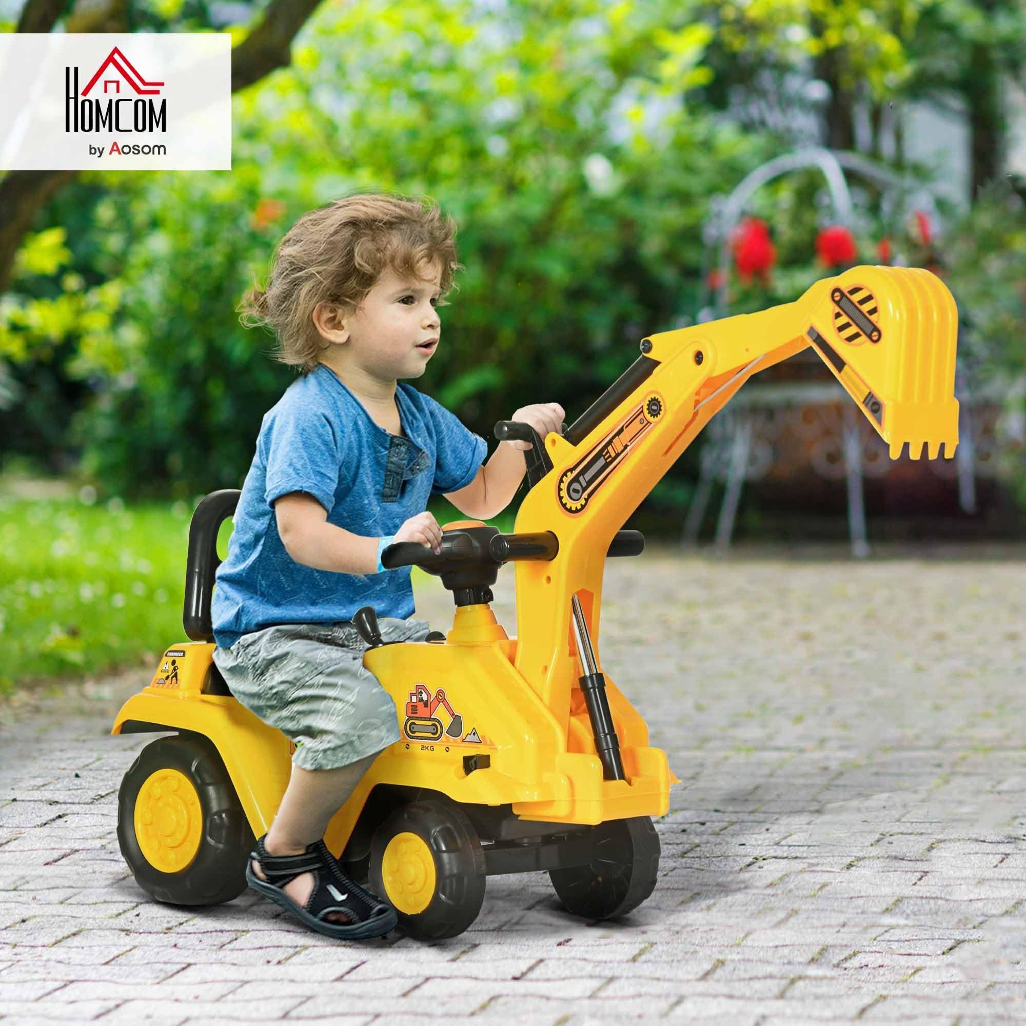 Yellow children's ride-on excavator puller, with horn, under-seat storage space, sit-and-slide role-playing construction vehicle toy, suitable for children aged 18-48 months. - Image 2