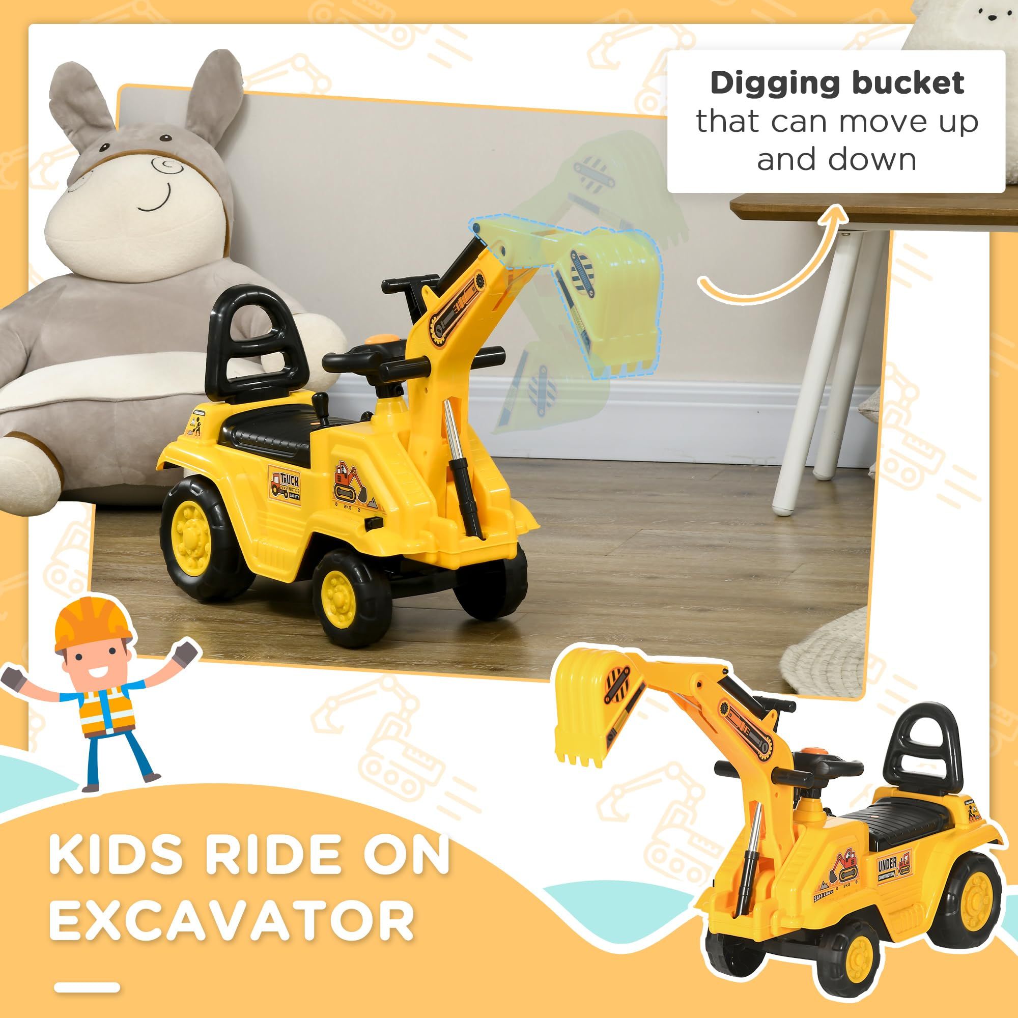 Yellow children's ride-on excavator puller, with horn, under-seat storage space, sit-and-slide role-playing construction vehicle toy, suitable for children aged 18-48 months. - Image 3