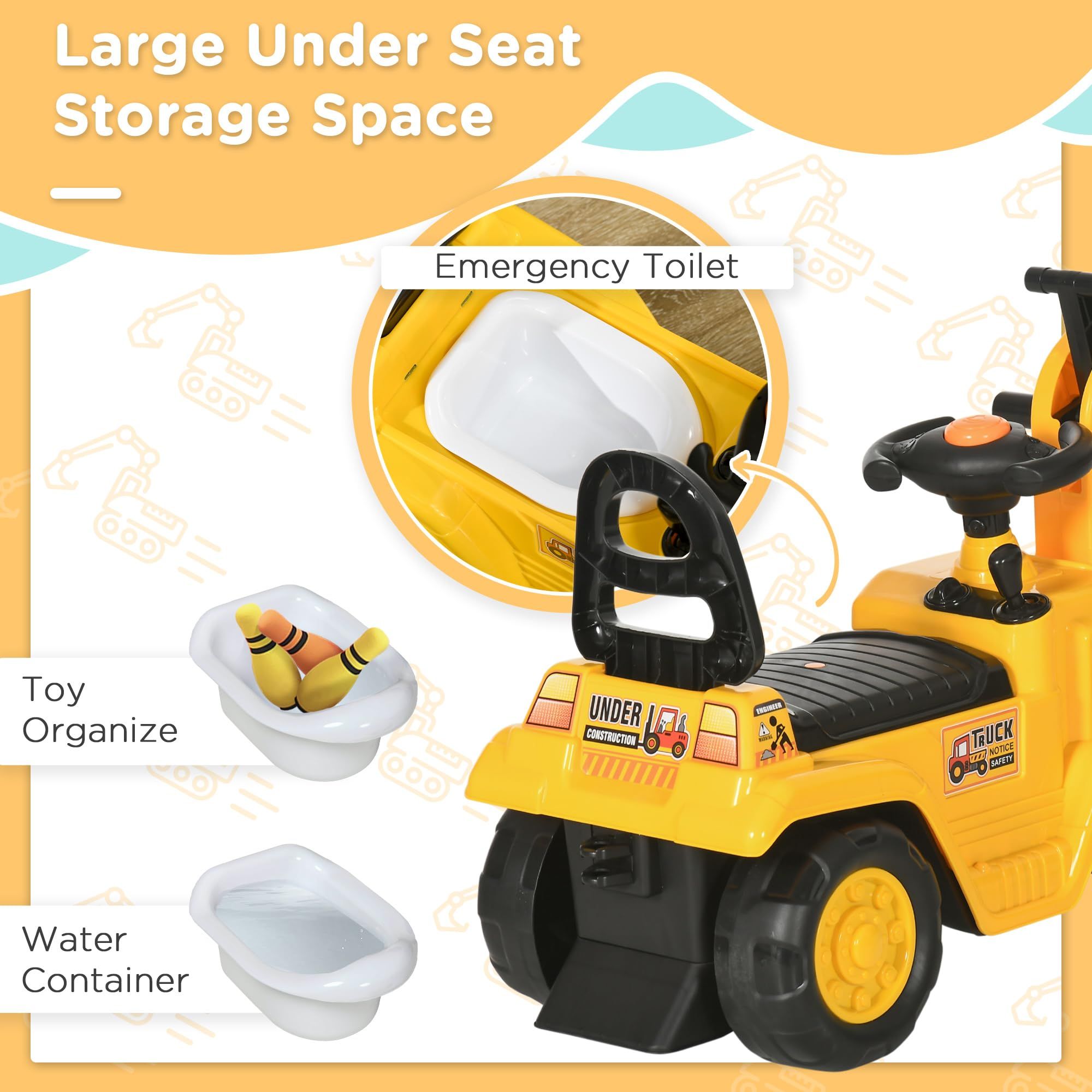 Yellow children's ride-on excavator puller, with horn, under-seat storage space, sit-and-slide role-playing construction vehicle toy, suitable for children aged 18-48 months. - Image 4