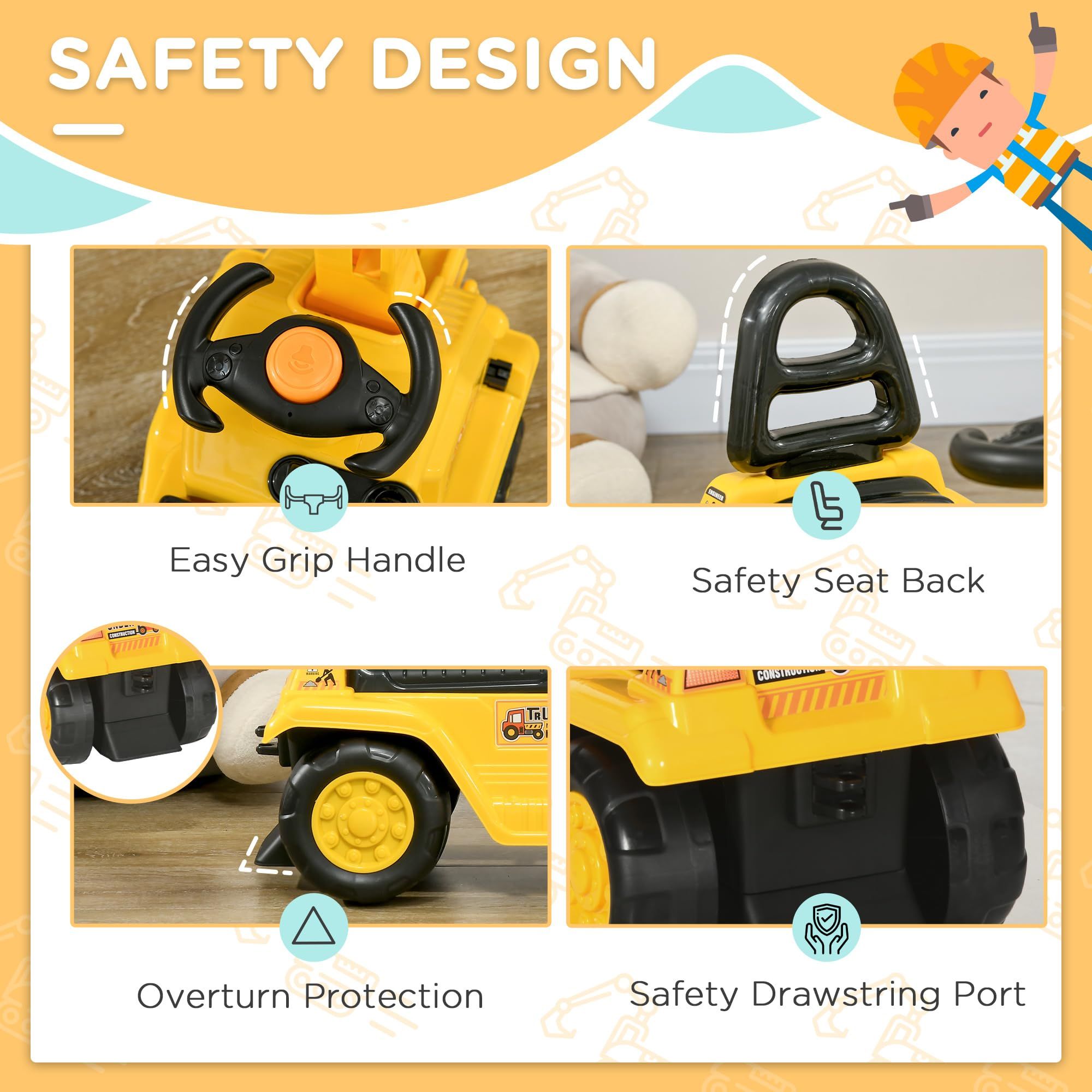 Yellow children's ride-on excavator puller, with horn, under-seat storage space, sit-and-slide role-playing construction vehicle toy, suitable for children aged 18-48 months. - Image 5