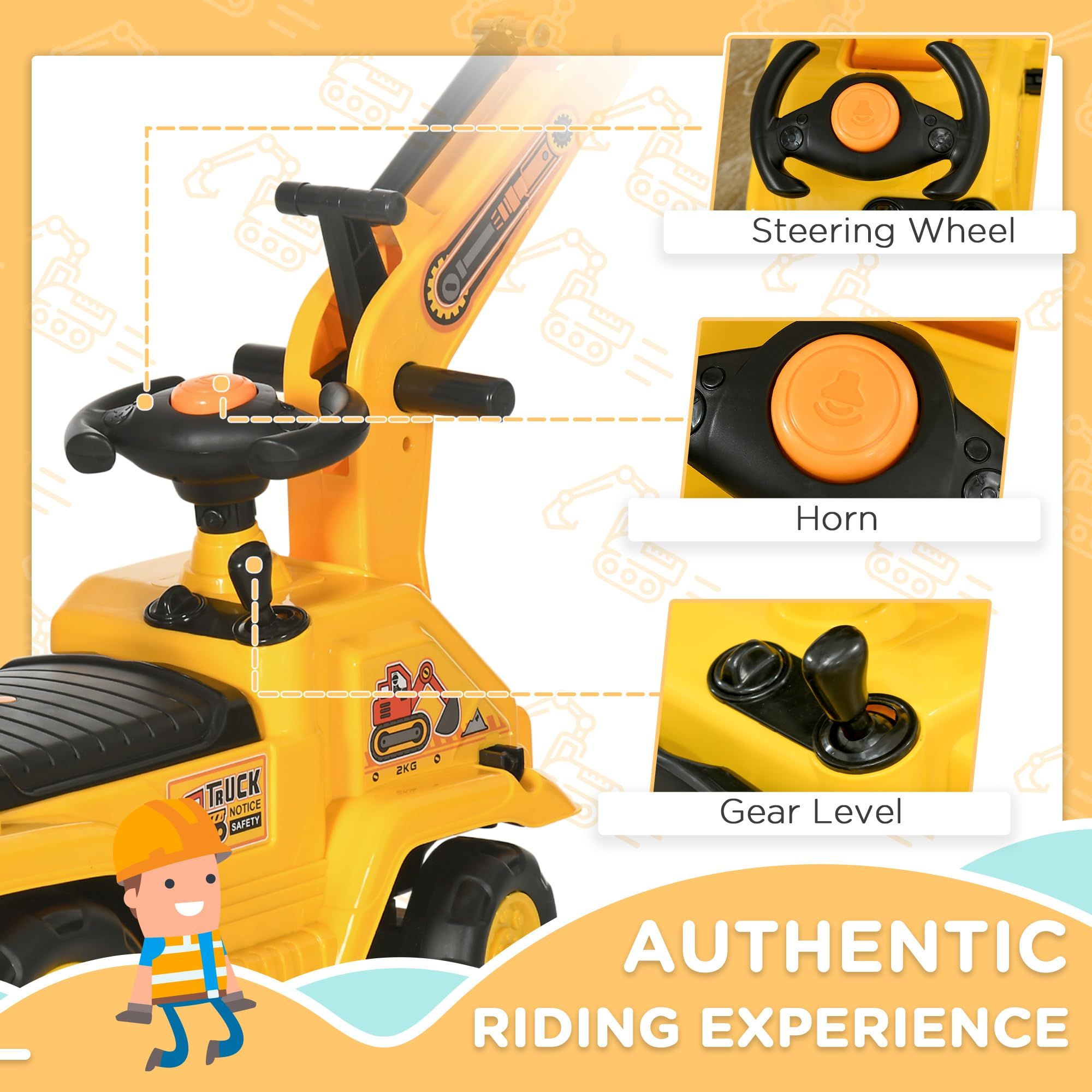 Yellow children's ride-on excavator puller, with horn, under-seat storage space, sit-and-slide role-playing construction vehicle toy, suitable for children aged 18-48 months. - Image 6