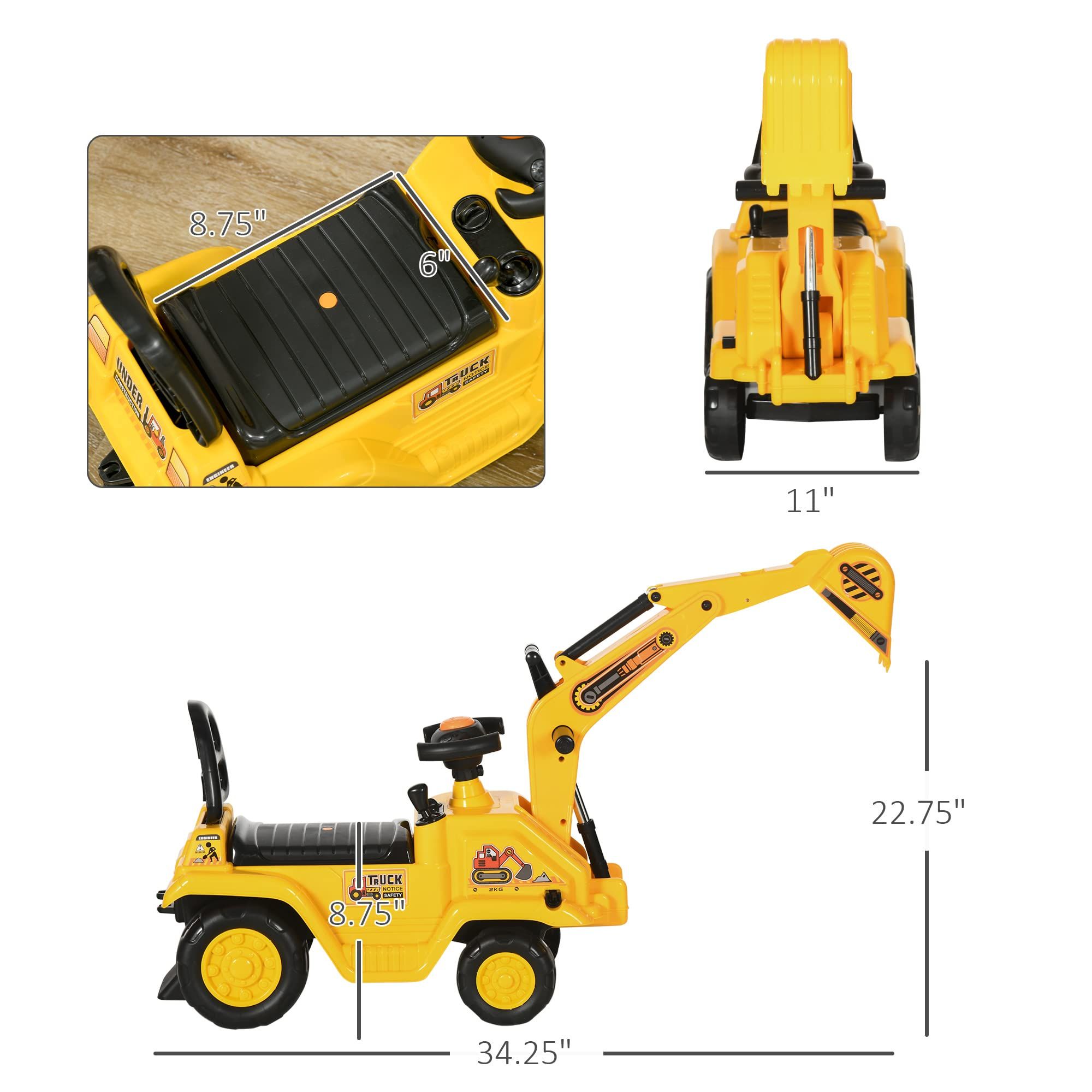 Yellow children's ride-on excavator puller, with horn, under-seat storage space, sit-and-slide role-playing construction vehicle toy, suitable for children aged 18-48 months. - Image 7