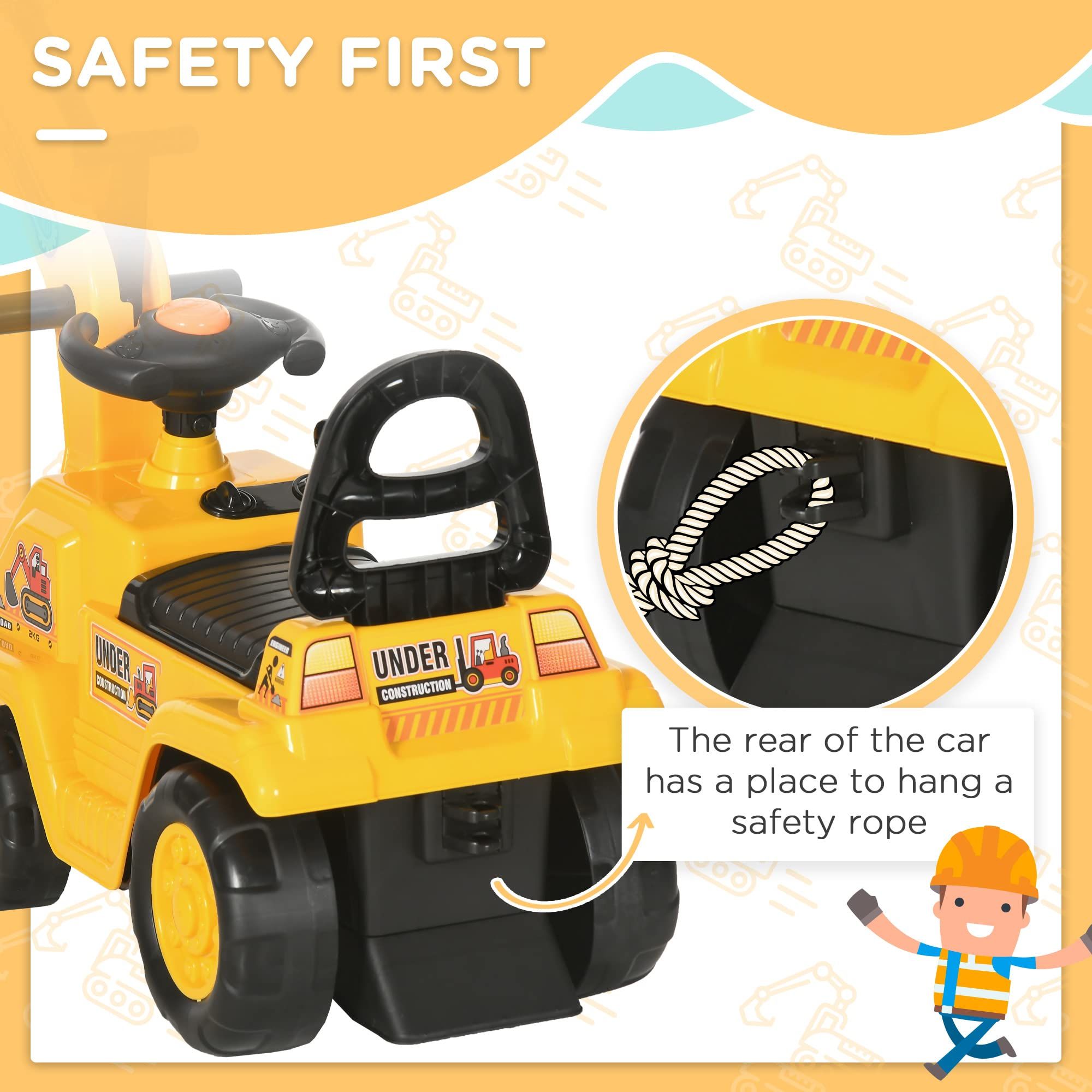Yellow children's ride-on excavator puller, with horn, under-seat storage space, sit-and-slide role-playing construction vehicle toy, suitable for children aged 18-48 months. - Image 8