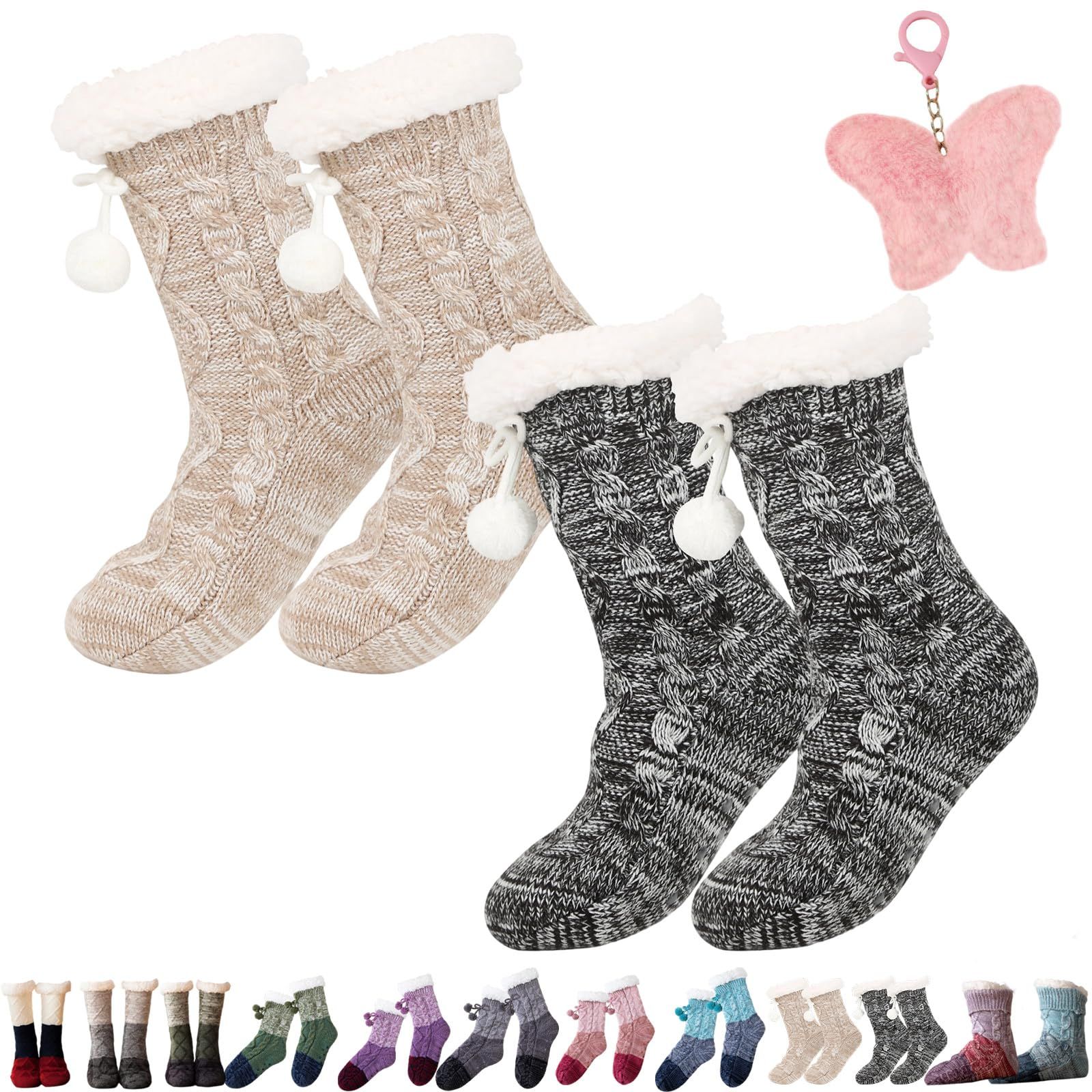 2-Pair Pack of Extra Thick Knitted Slippers and Socks for Winter, Fluffy Cashmere Warm Floor Socks, Non-Slip Comfortable and Warm Indoor Socks, Unisex (Mixed Black + Mixed White) - Image 1