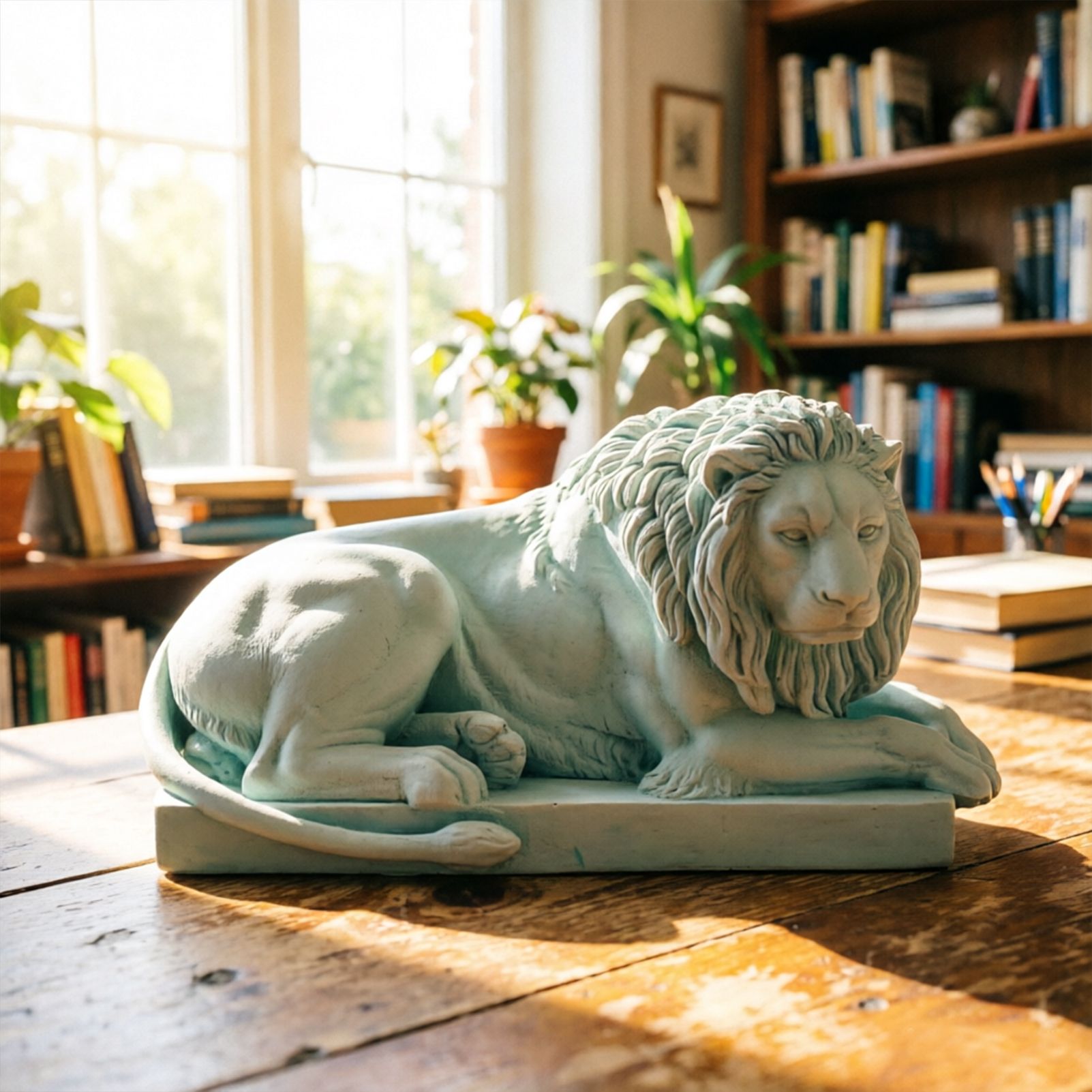 Classic Reclining Lion Sculpture Minimalist Green Plaster Desk Ornament for Living Room, Study, or Office Decoration - Image 2