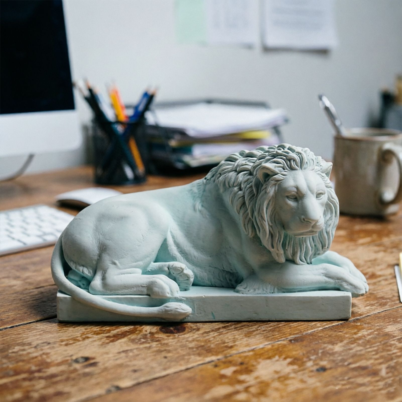 Classic Reclining Lion Sculpture Minimalist Green Plaster Desk Ornament for Living Room, Study, or Office Decoration - Image 3