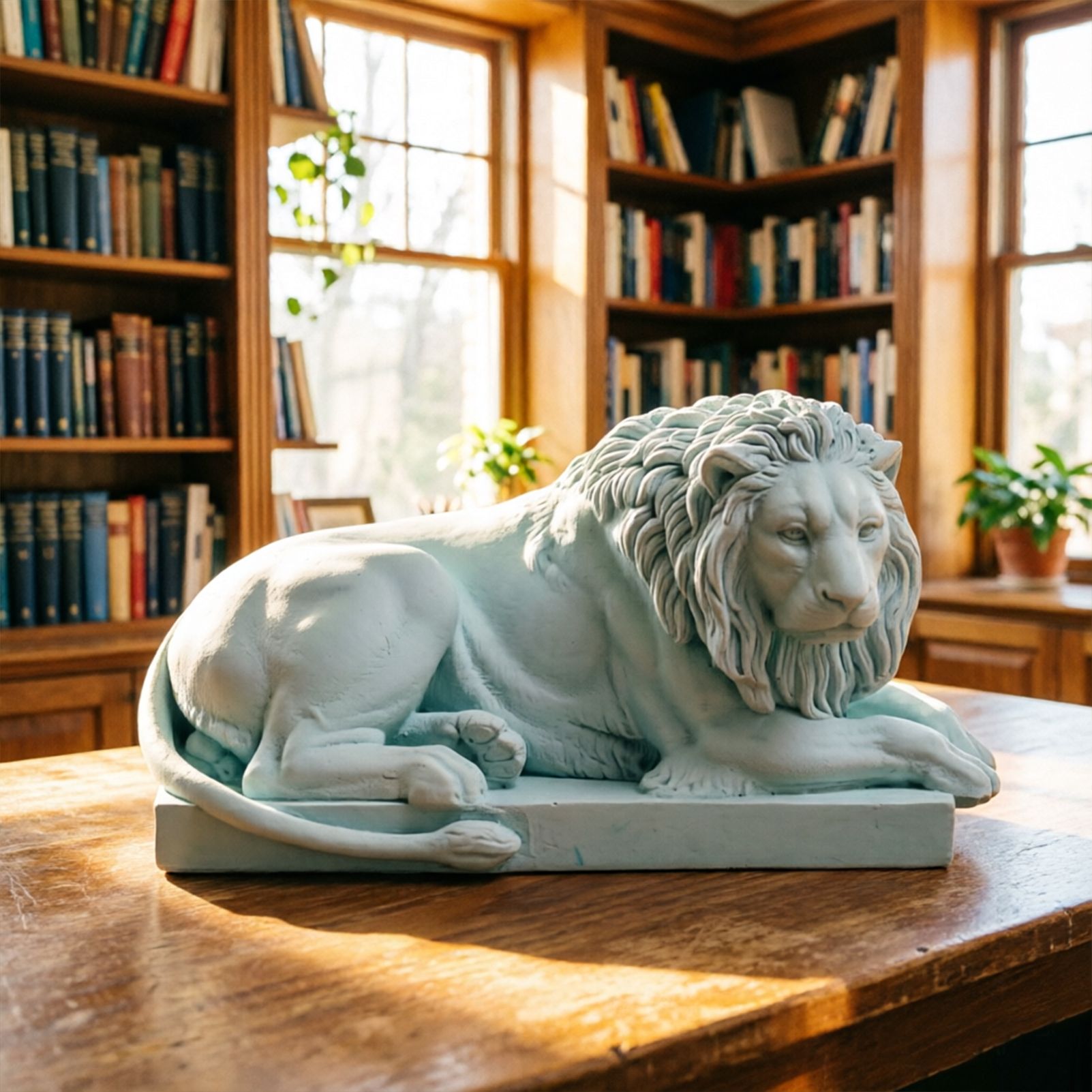 Classic Reclining Lion Sculpture Minimalist Green Plaster Desk Ornament for Living Room, Study, or Office Decoration - Image 4