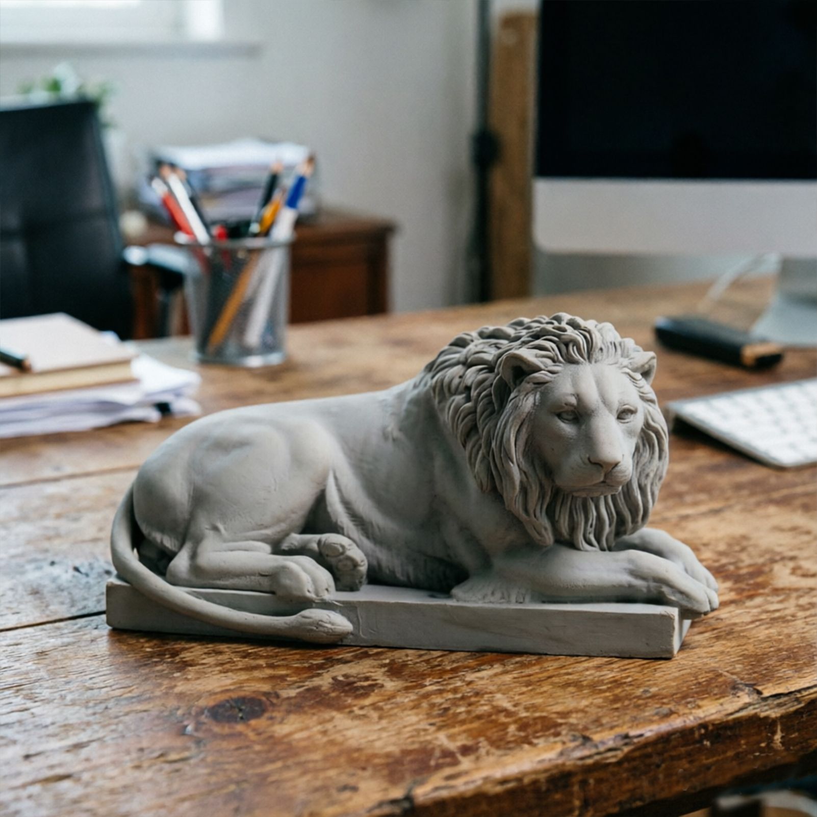 Classic Reclining Lion Sculpture Minimalist Grey Plaster Desk Ornament for Living Room, Study, or Office Decoration - Image 1