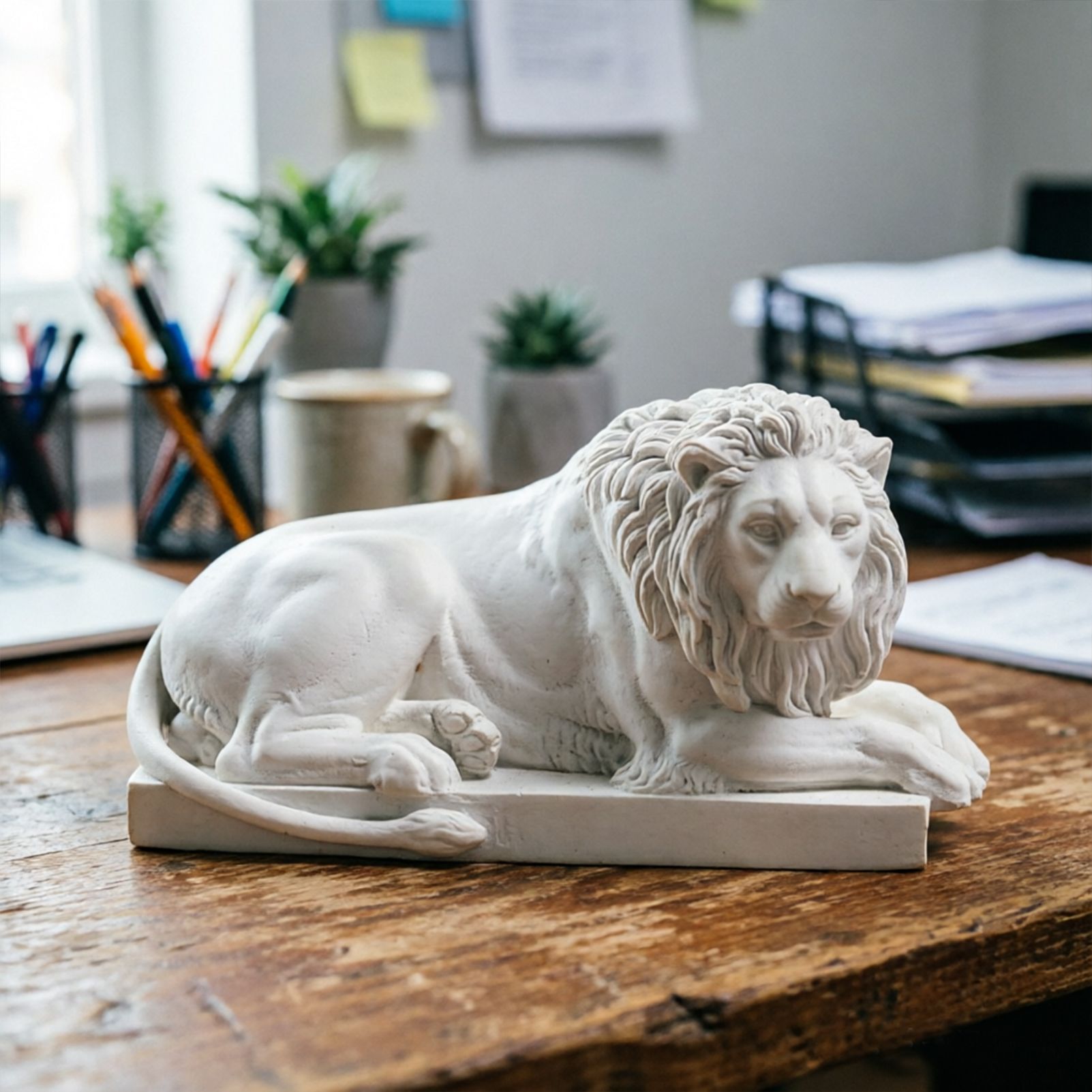 Classic Reclining Lion Sculpture Minimalist White Plaster Desk Ornament for Living Room, Study, or Office Decoration - Image 3