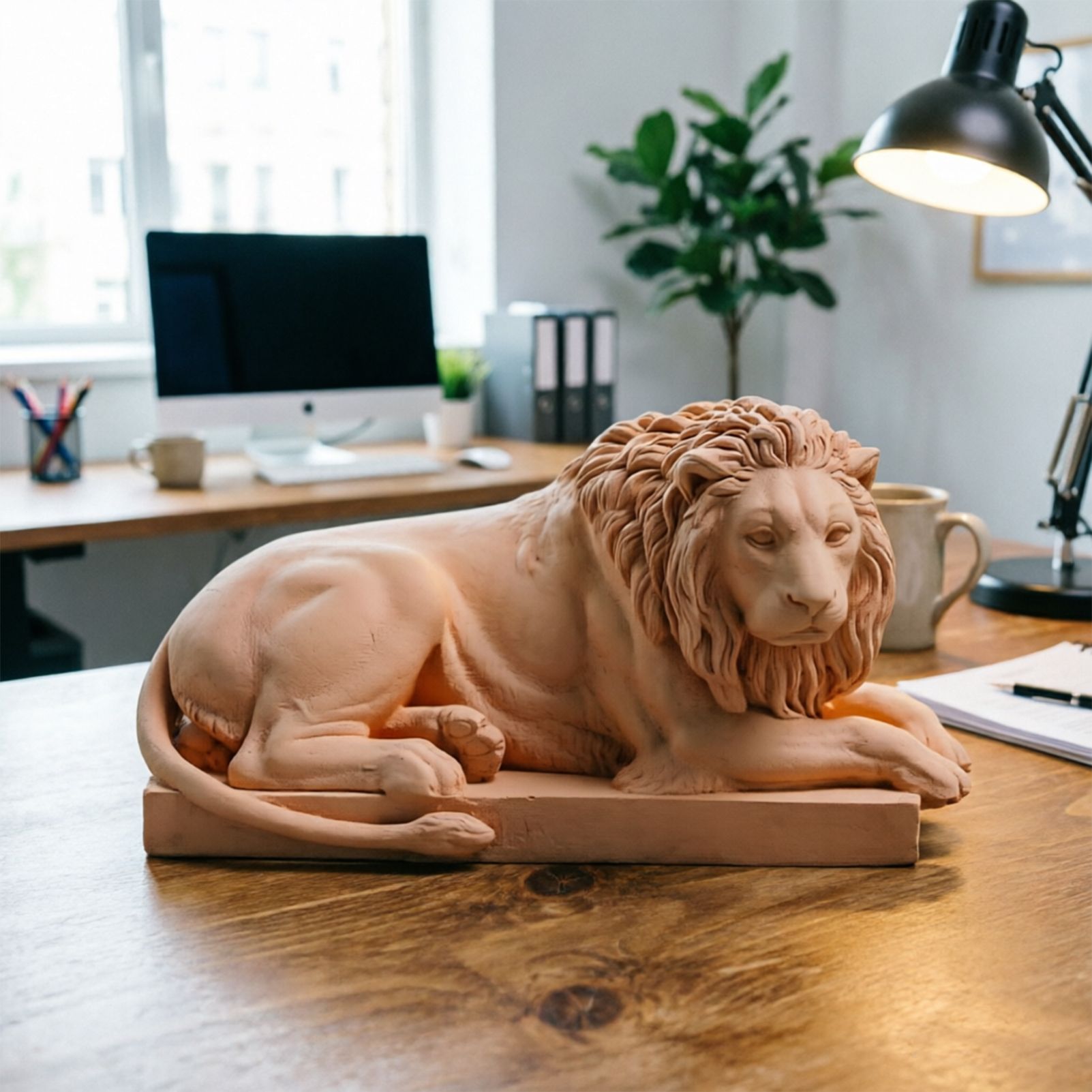 Classic Reclining Lion Sculpture Minimalist Yellow Plaster Desk Ornament for Living Room, Study, or Office Decoration - Image 2