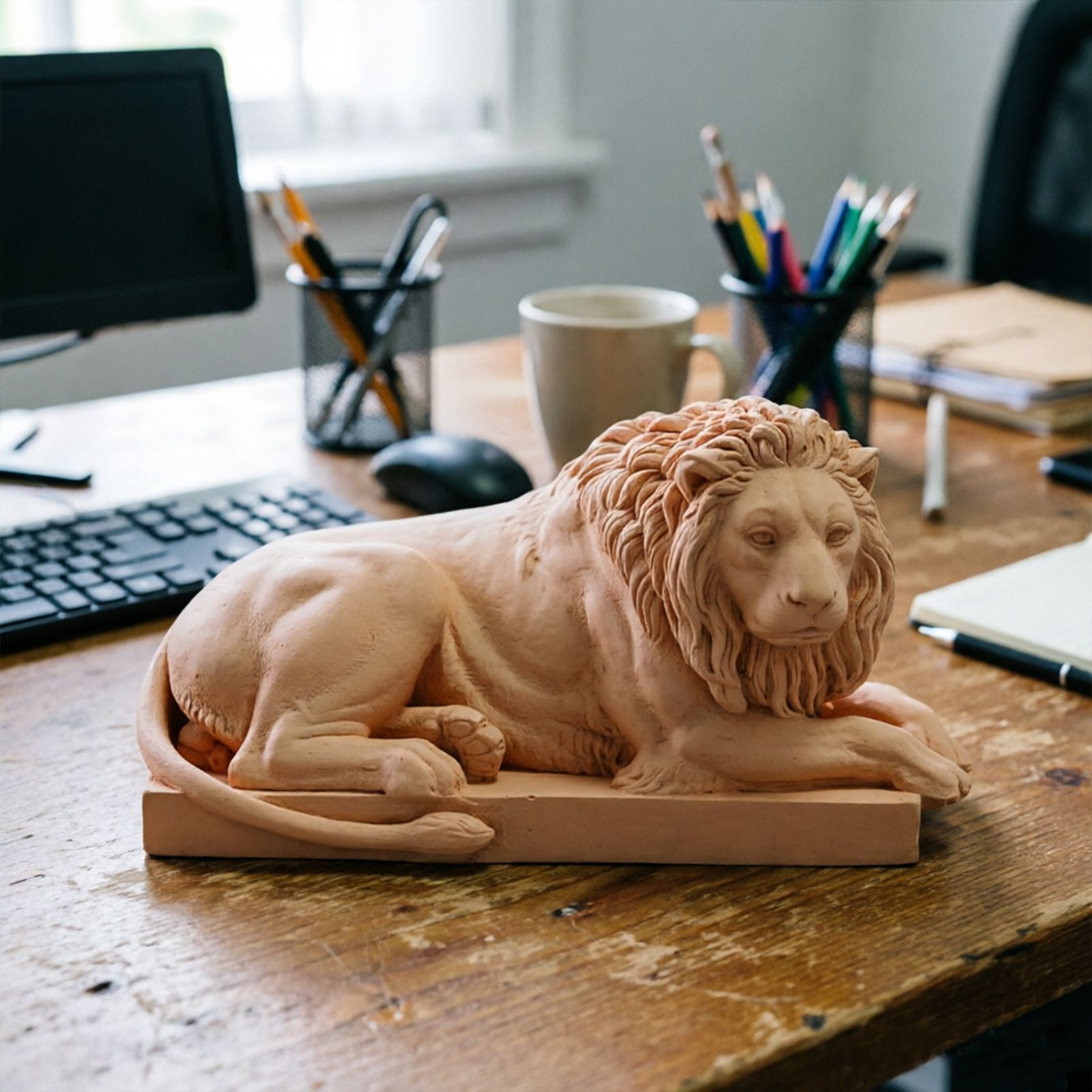 Classic Reclining Lion Sculpture Minimalist Yellow Plaster Desk Ornament for Living Room, Study, or Office Decoration - Image 4
